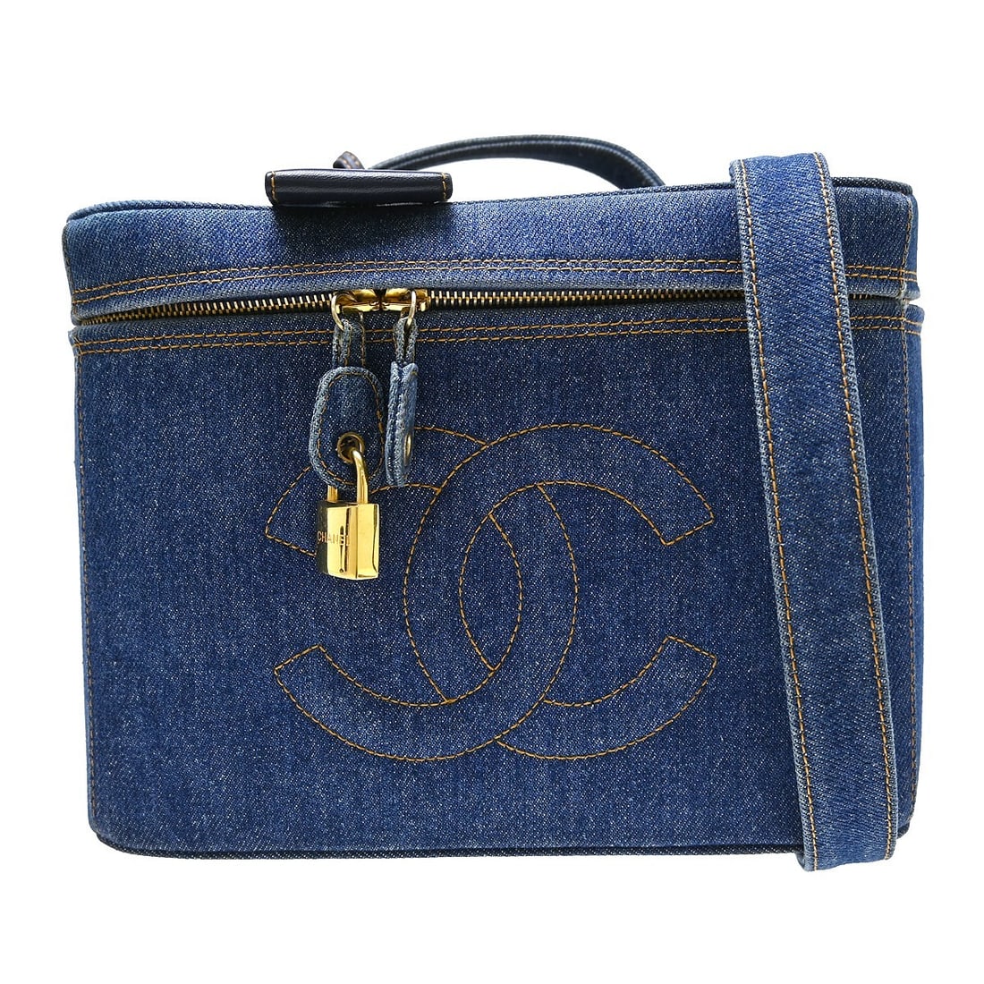 CHANEL Vanity 2way Denim Handbag Blue Top Handle Shoulder Bag: CHANEL Vanity 2way Denim Handbag Blue Top Handle Shoulder Bag Blue denim CHANEL Vanity 2way handbag with a zipper closure, top handle, and shoulder strap. It features inner pockets and a logo accent, 