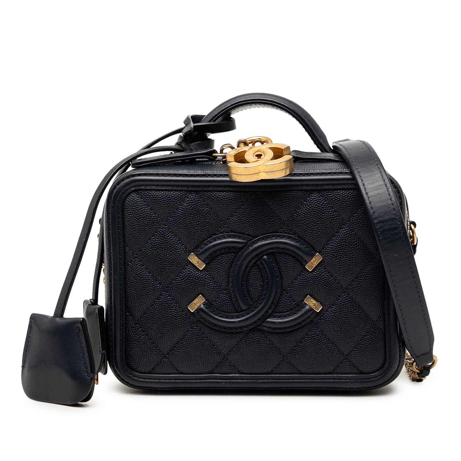 Blue Chanel Filigree Vanity Bag in Small Quilted Caviar Leather: Blue Chanel Filigree Vanity Bag in Small Quilted Caviar Leather This Chanel Small Caviar CC Filigree Vanity Case features a quilted caviar leather body in blue, a flat leather top handle, and a leathe