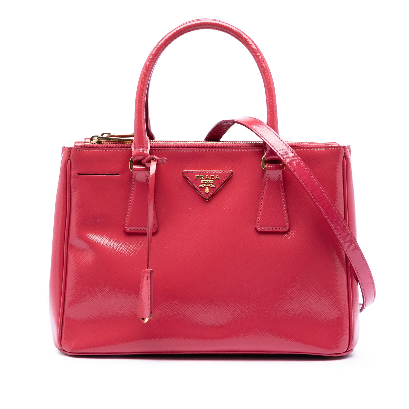 Prada Galleria Double Zip Small Saffiano Vernice Satchel Pink: Prada Galleria Double Zip Small Saffiano Vernice Satchel Pink Prada Small Saffiano Vernice Galleria Double Zip Satchel in pink leather, made in Italy. This satchel features a saffiano vernice leather 