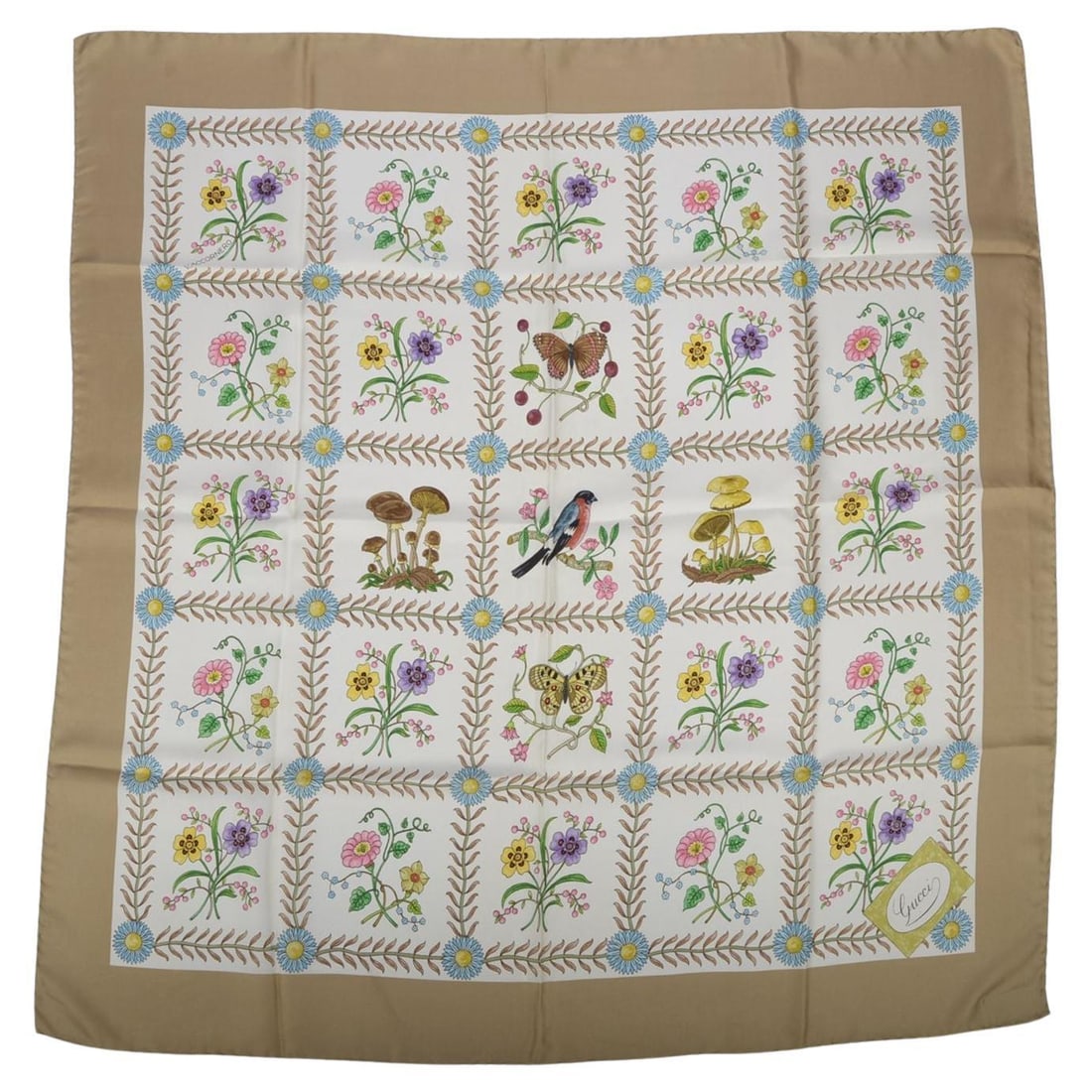 Gucci Vintage Silk Scarf With Beige Trim and Multicolor Floral Design: Gucci Vintage Silk Scarf With Beige Trim and Multicolor Floral Design This Gucci vintage silk scarf features a white background with beige trim and a multicolor floral design. Made in Italy, it showca