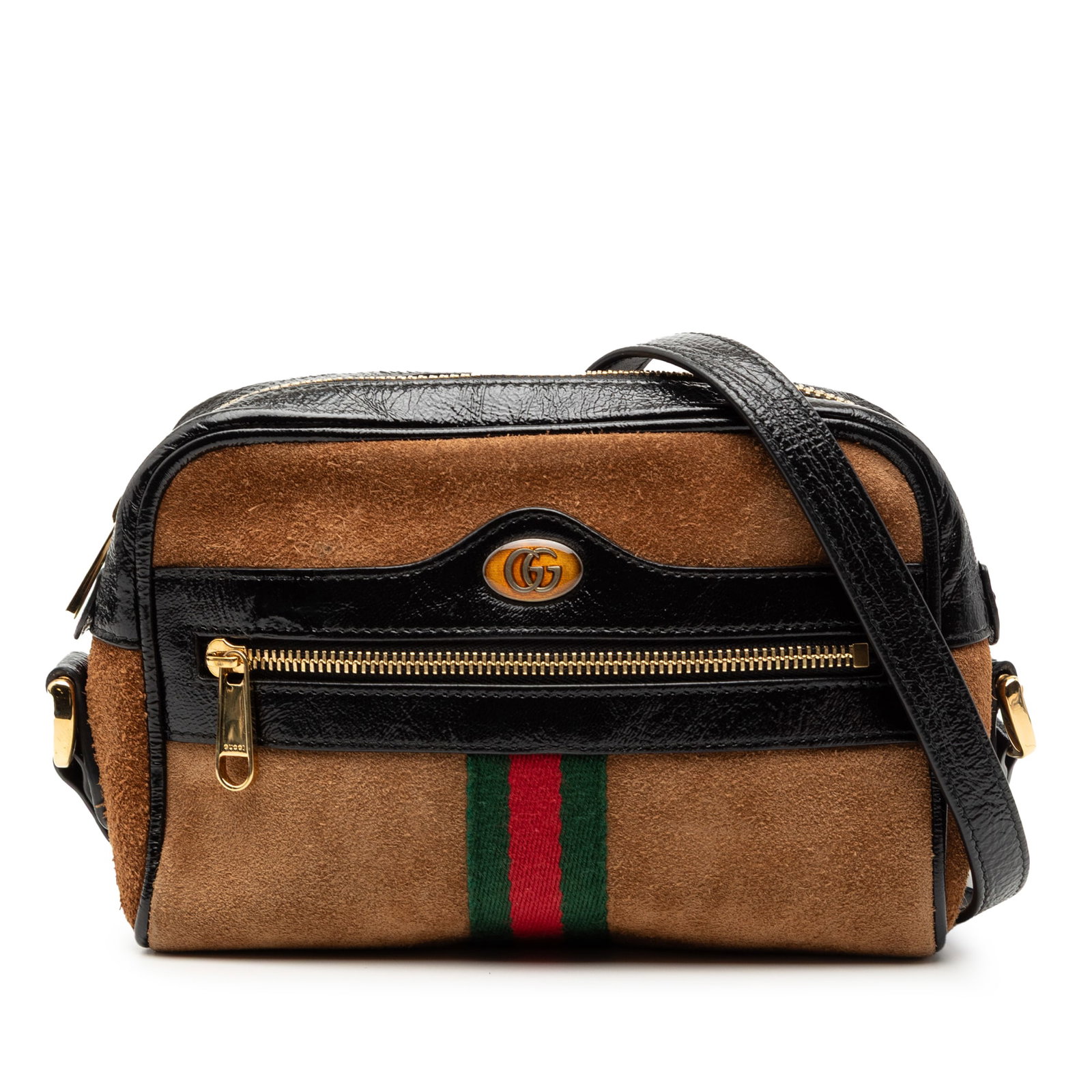Brown Suede Gucci Ophidia Mini Crossbody Bag With Patent Leather Trim: Brown Suede Gucci Ophidia Mini Crossbody Bag With Patent Leather Trim This Gucci Mini Suede Ophidia Crossbody bag features a brown suede body accented with patent leather trim. It is designed with an 