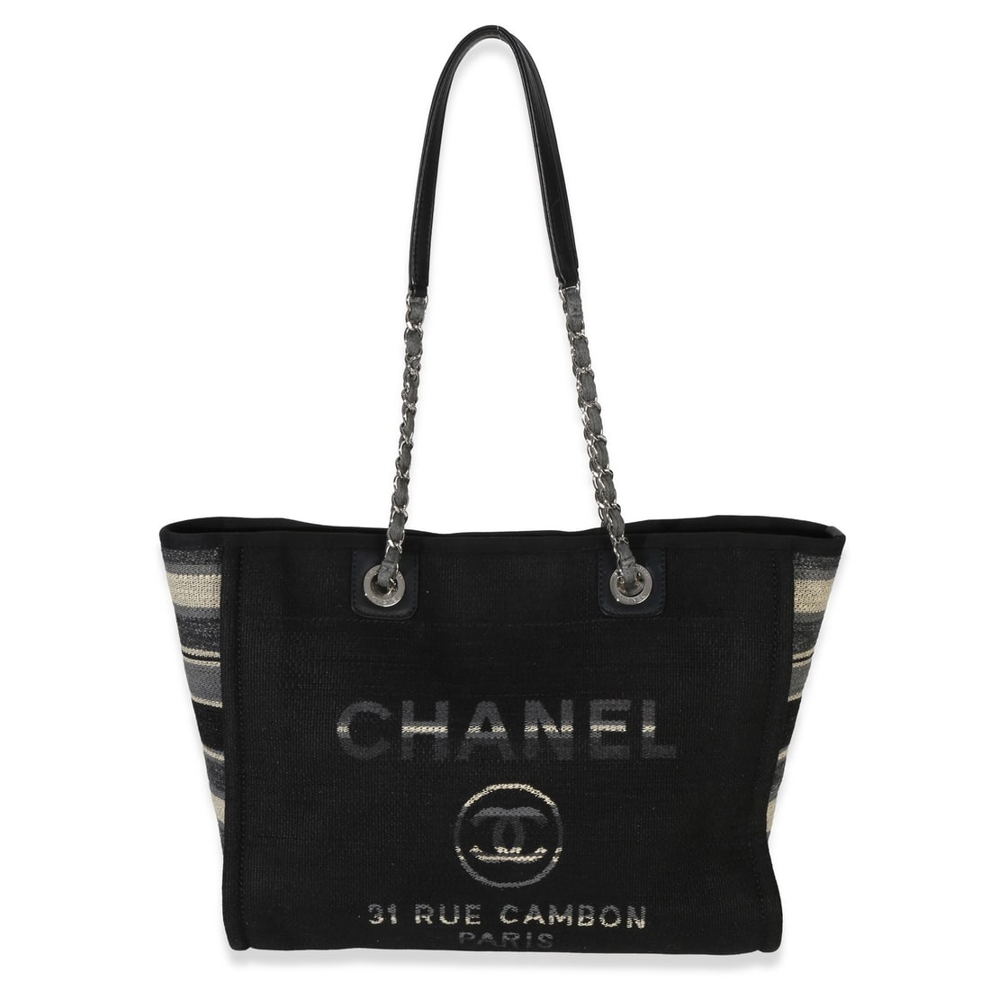 Small Deauville Shopping Tote Blue Canvas by Chanel with Authenticity Card: Small Deauville Shopping Tote Blue Canvas by Chanel with Authenticity Card This Chanel Small Deauville Shopping Tote features a blue striped canvas exterior complemented by silver-tone hardware and a 
