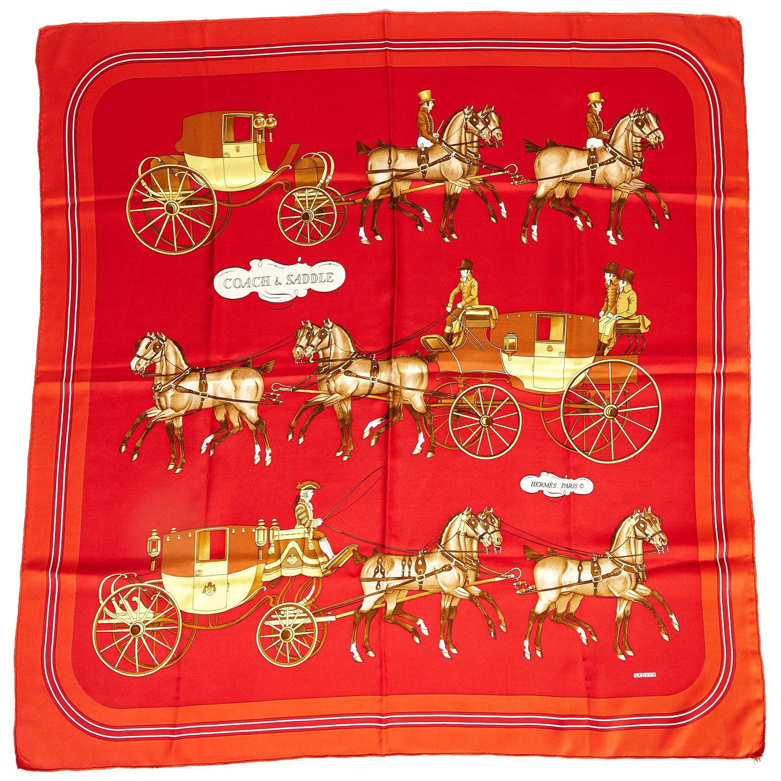 Vintage 1990s Hermes Coach & Saddle Red Silk Scarf: Vintage 1990s Hermes Coach & Saddle Red Silk Scarf This exquisite 1990's Hermes silk scarf showcases a collectible design by Ledoux, featuring a striking "coach & saddle" motif in a two-tone red combi