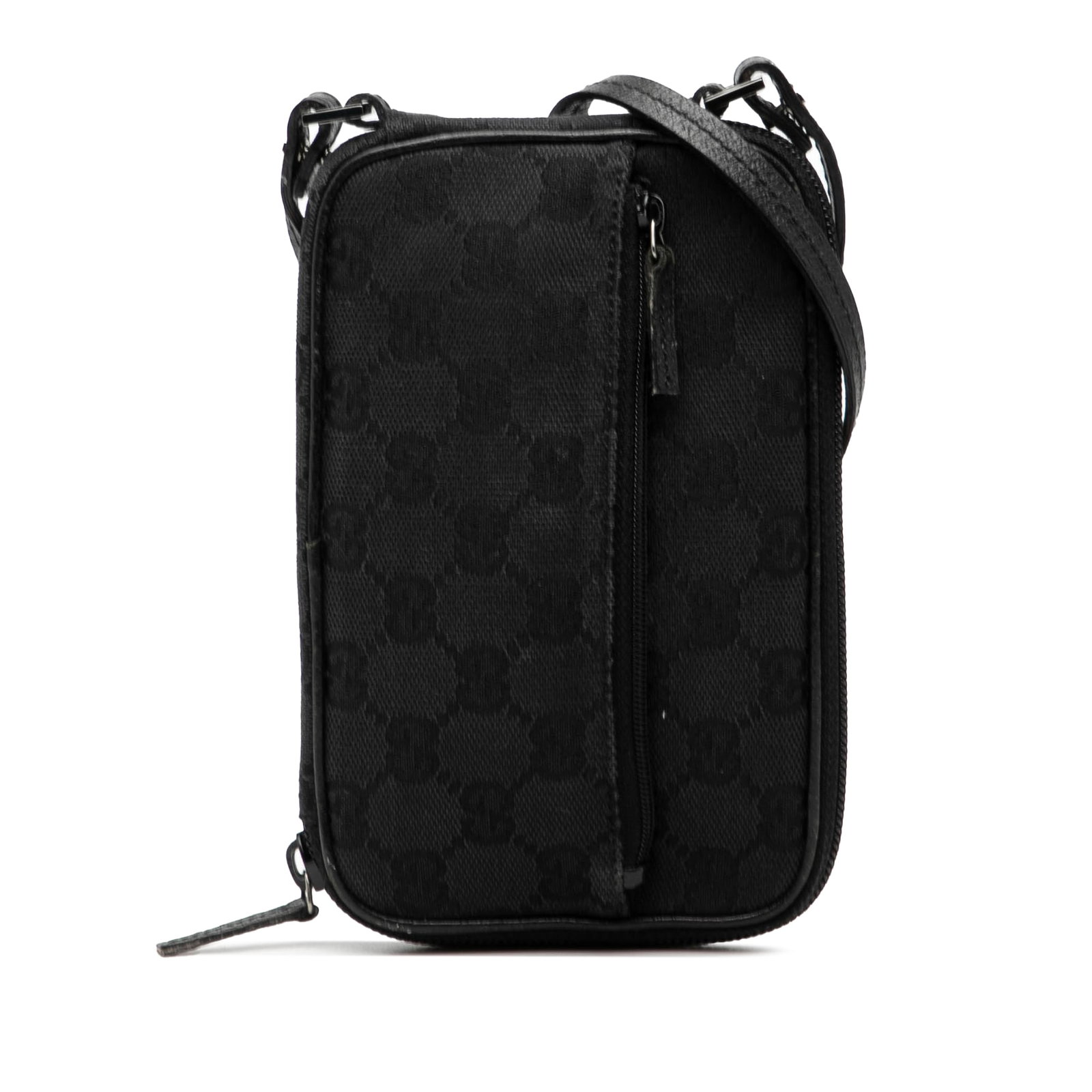 Gucci GG Canvas Black Crossbody Bag with Zip Pocket: Gucci GG Canvas Black Crossbody Bag with Zip Pocket This Gucci GG Canvas Crossbody bag features a durable canvas body with a flat leather strap, a zip-around closure, an exterior zip pocket, and inter