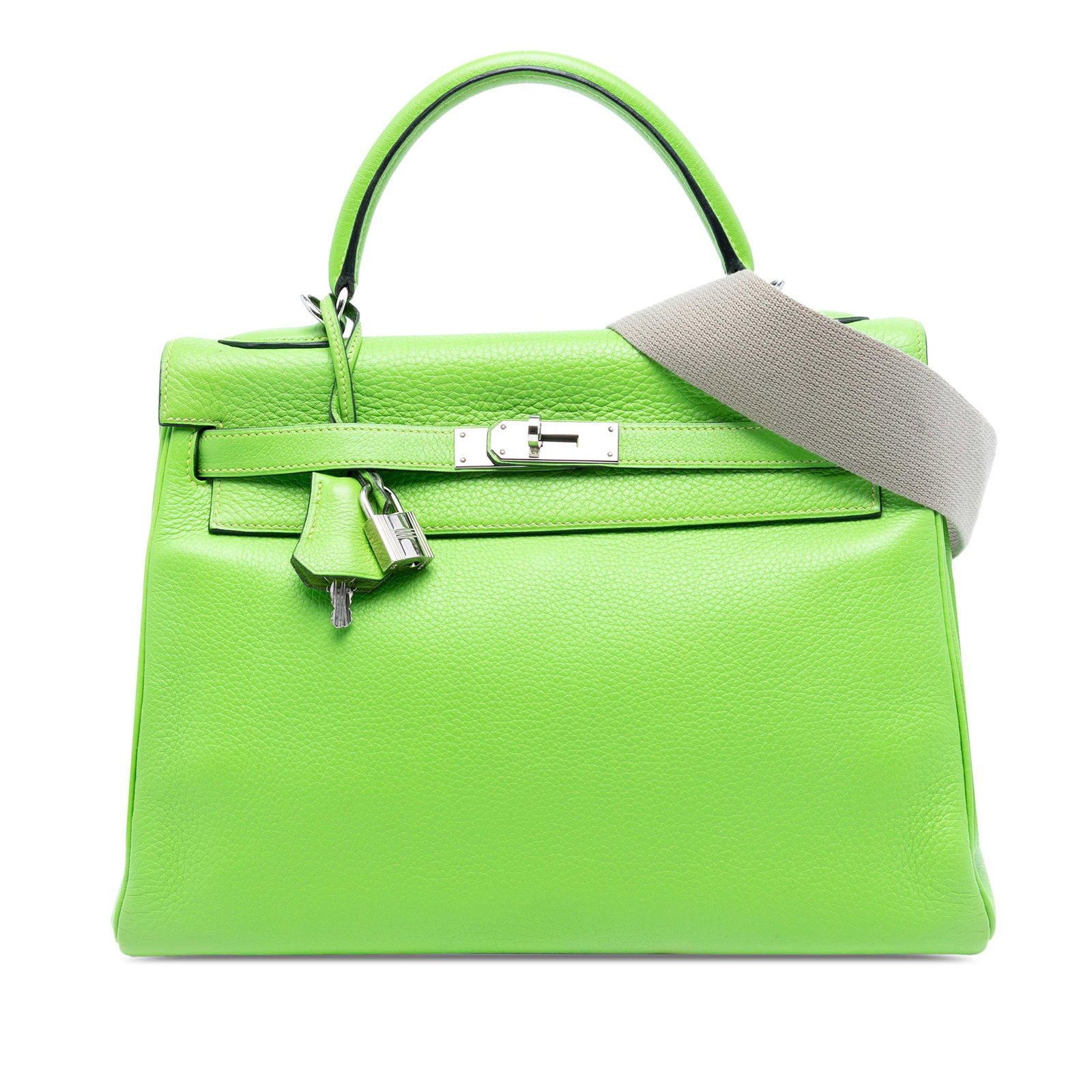 Green Clemence Leather Kelly II Retourne 32 Bag with Strap by Hermes: Green Clemence Leather Kelly II Retourne 32 Bag with Strap by Hermes The Hermes Clemence Kelly II Retourne 32 features a Vert Cru green Clemence leather body with a rolled leather top handle and a det