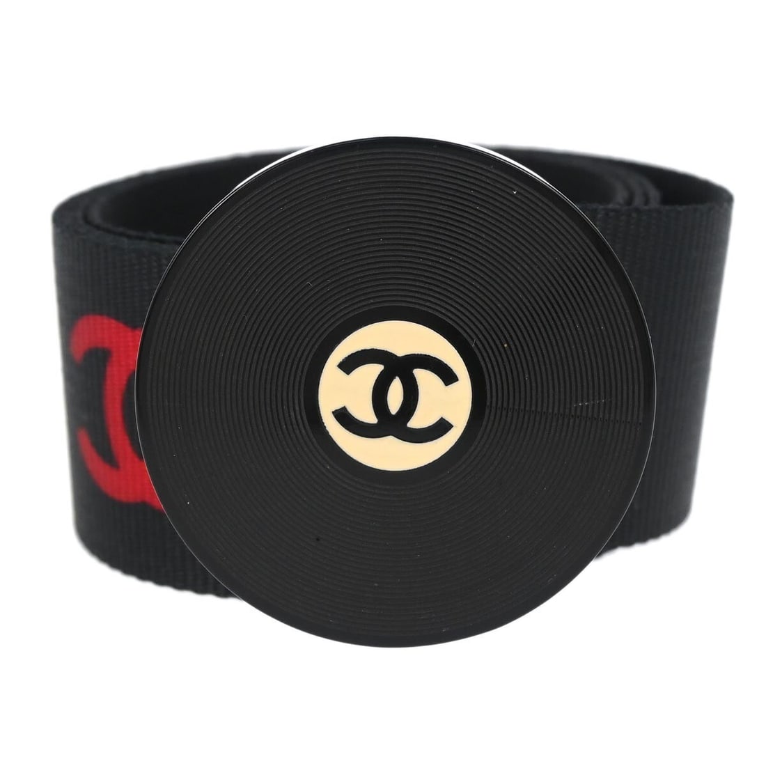 CHANEL 04P Record Waist Belt Black Nylon #75 30: CHANEL 04P Record Waist Belt Black Nylon #75 30 Black Chanel waist belt made in Italy. It is designed for women, features an adjustable one-size fit, and is made of nylon. The belt is described as bei