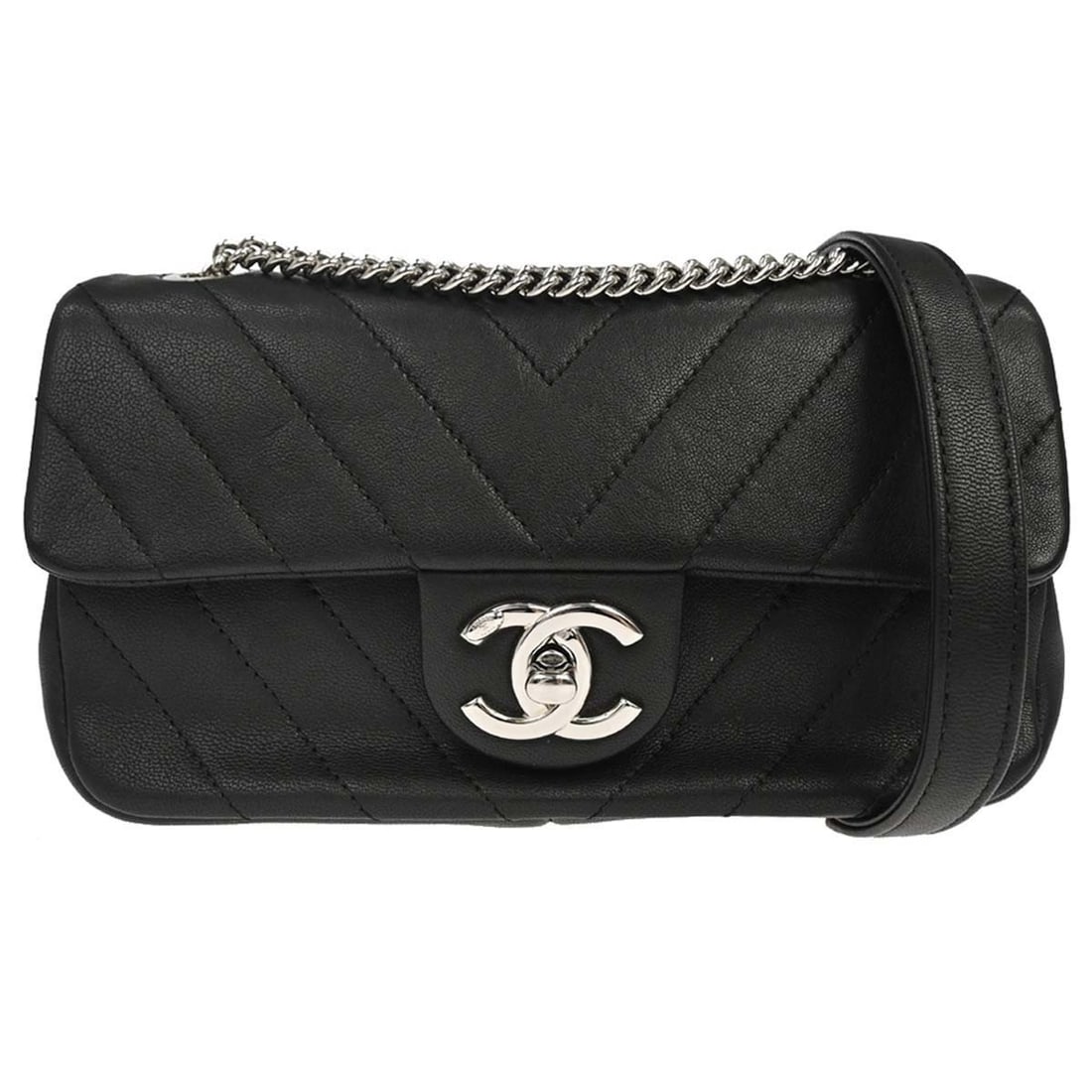 CHANEL Caviar Chevron Calfskin Shoulder Bag Black: CHANEL Caviar Chevron Calfskin Shoulder Bag Black Chanel black calfskin chevron shoulder bag with a turnlock closure and chain shoulder strap. It features a quilted exterior, leather lining, and pocke