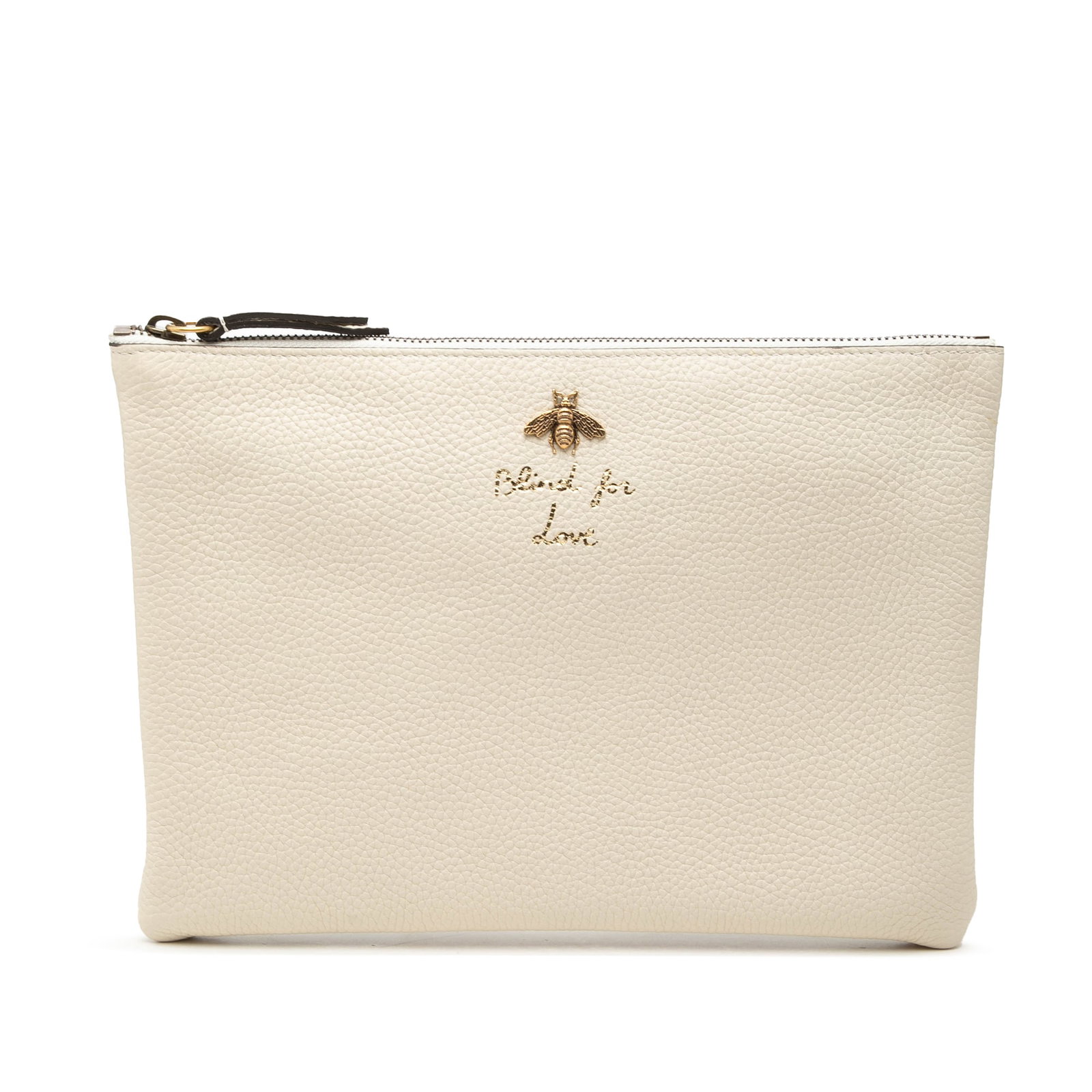 Gucci Blind For Love Leather Zip Clutch Bag: Gucci Blind For Love Leather Zip Clutch Bag Gucci Calfskin Blind For Love Clutch in white leather with a top zip closure. Made in Italy, this clutch includes the dust bag and box. Condition is B+ with