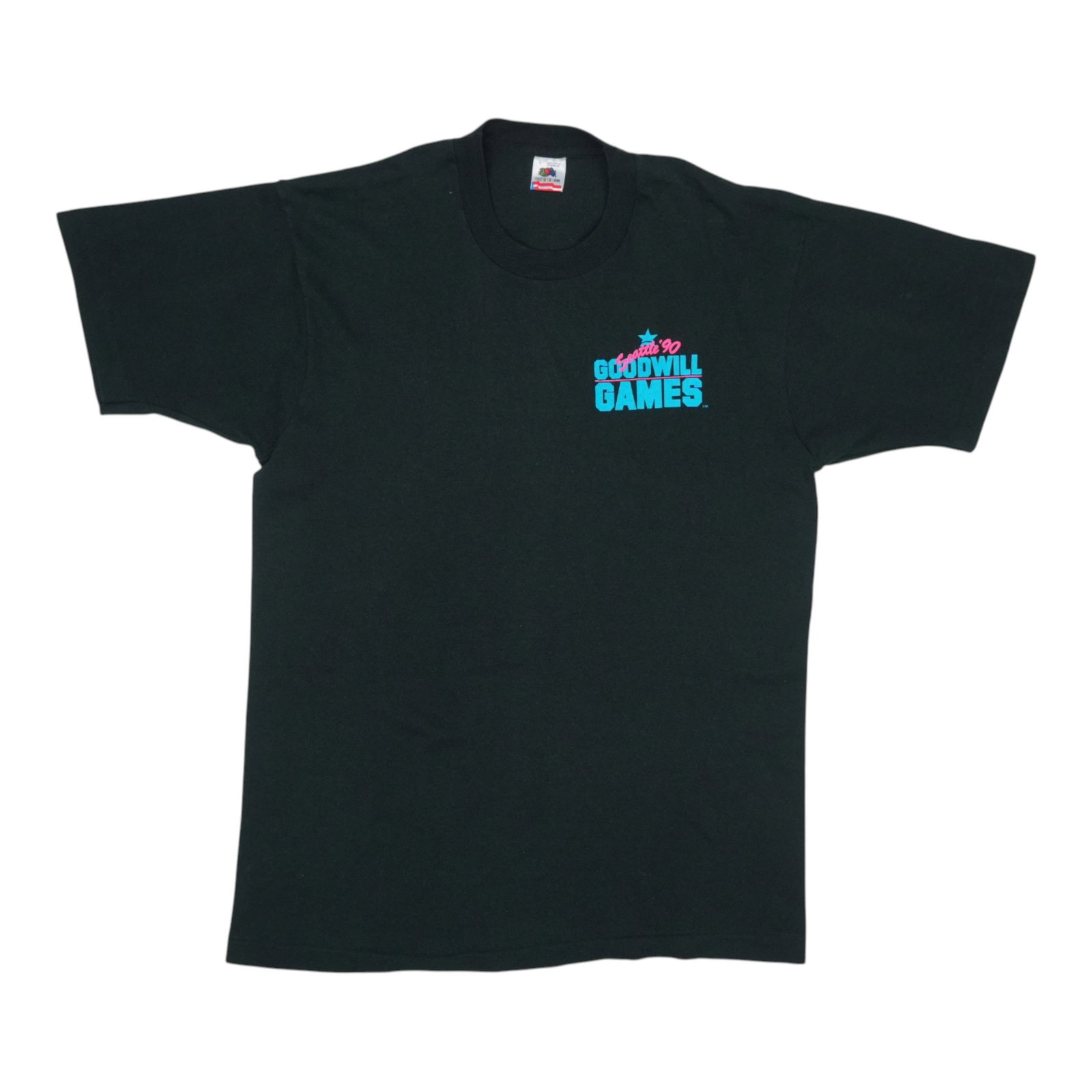 Vintage 1990 Seattle Goodwill Games Black Cotton Graphic T Shirt: Vintage 1990 Seattle Goodwill Games Black Cotton Graphic T Shirt This original vintage 1990 Seattle Goodwill Games shirt features both front and back graphics. Made from 100% cotton, the shirt is blac
