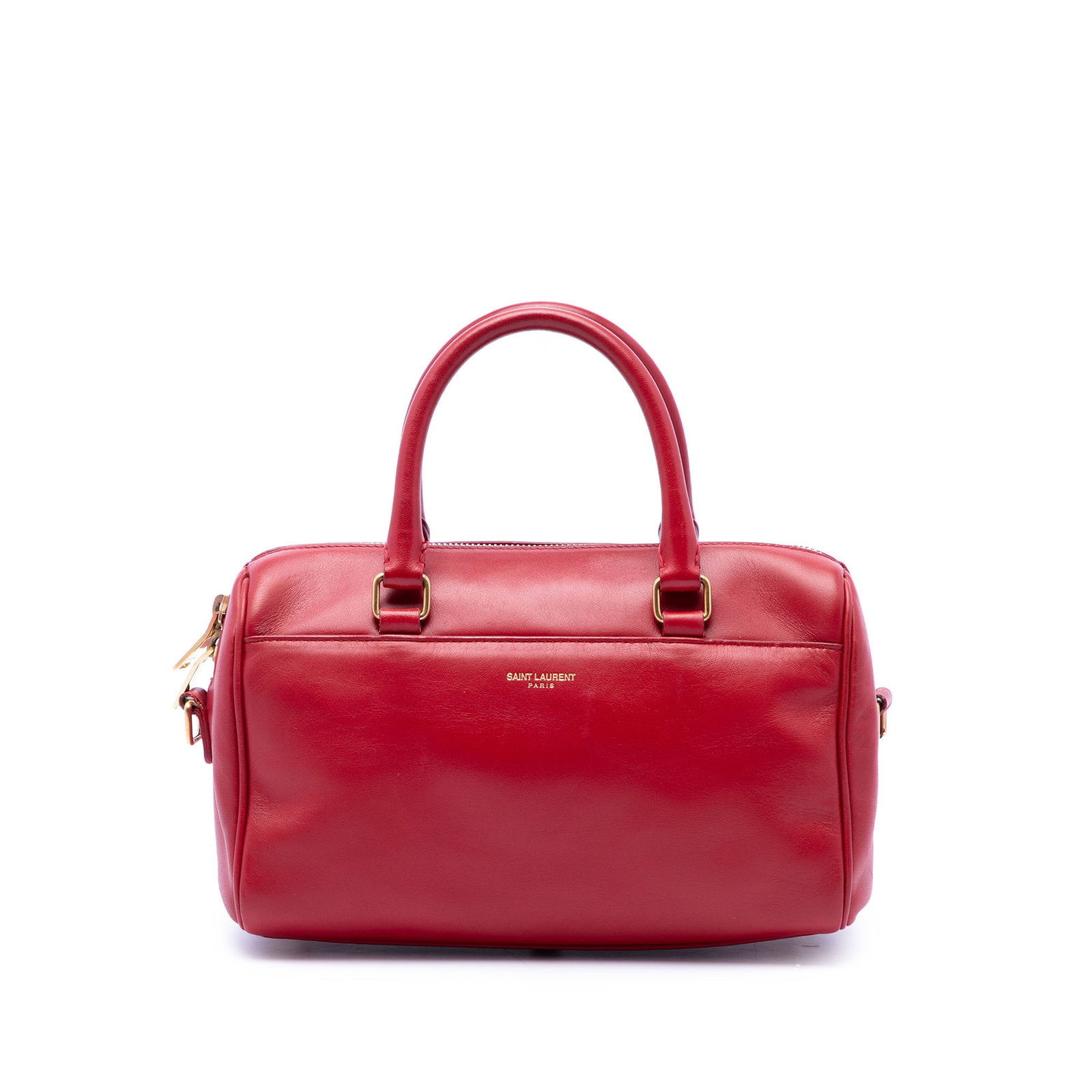 Saint Laurent Baby Classic Duffle Leather Satchel Red: Saint Laurent Baby Classic Duffle Leather Satchel Red A Saint Laurent Baby Leather Classic Duffle Satchel in red leather, made in Italy. This bag features a leather body, rolled leather handles, a top