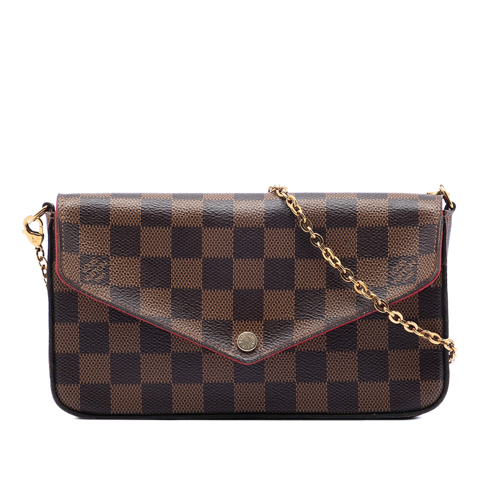 Damier Ebene Canvas Pochette Felicie Crossbody Bag with Chain Strap: Damier Ebene Canvas Pochette Felicie Crossbody Bag with Chain Strap The Louis Vuitton Damier Ebene Pochette Felicie is a crossbody bag crafted from Damier Ebene canvas in brown. It features a detachab