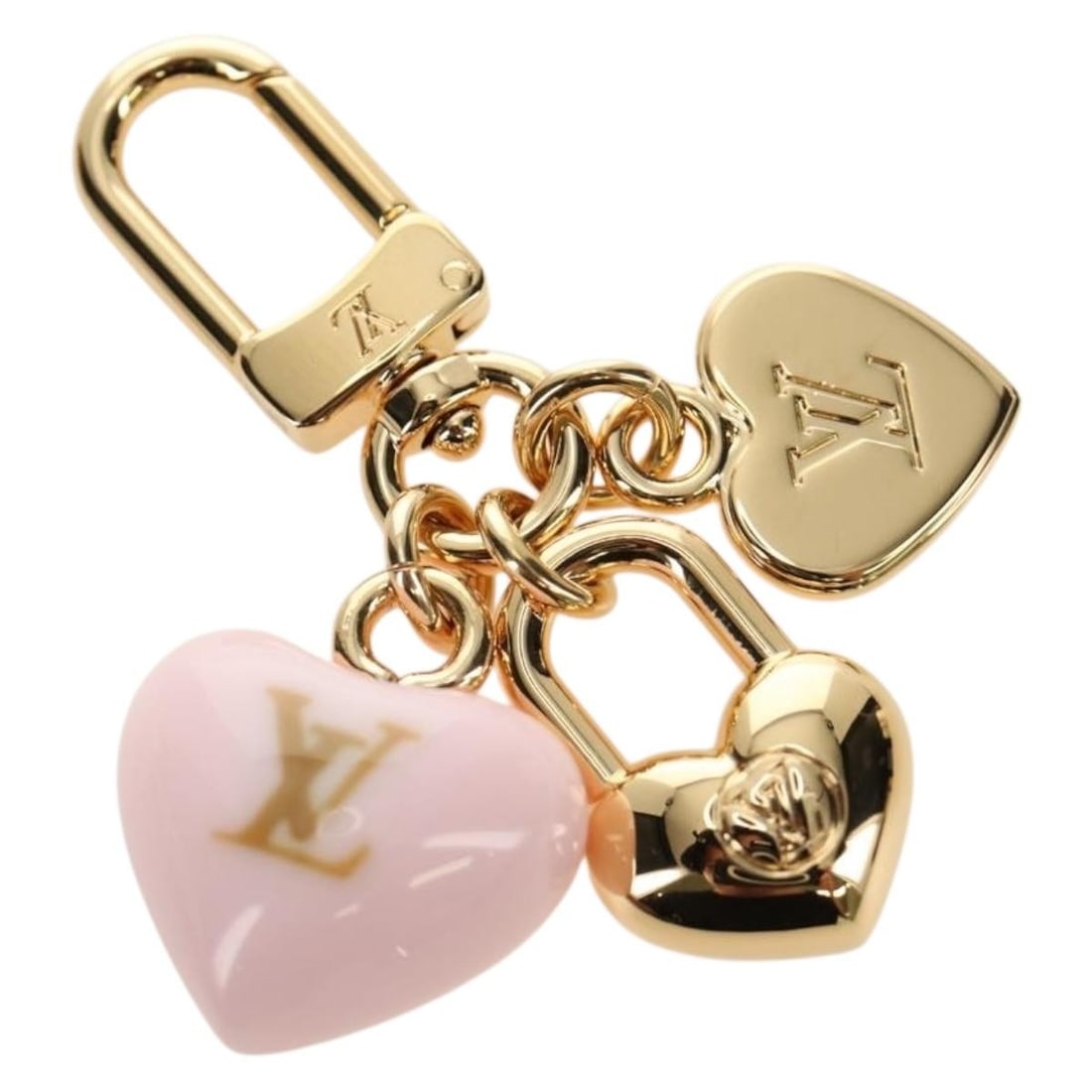 Louis Vuitton M01554 LV Heart Micro Metal Bag Charm: Louis Vuitton M01554 LV Heart Micro Metal Bag Charm Louis Vuitton Micro Charm LV Heart bag charm in gold and pink metal. This women's accessory is made in Italy and comes with a dust bag and item box.