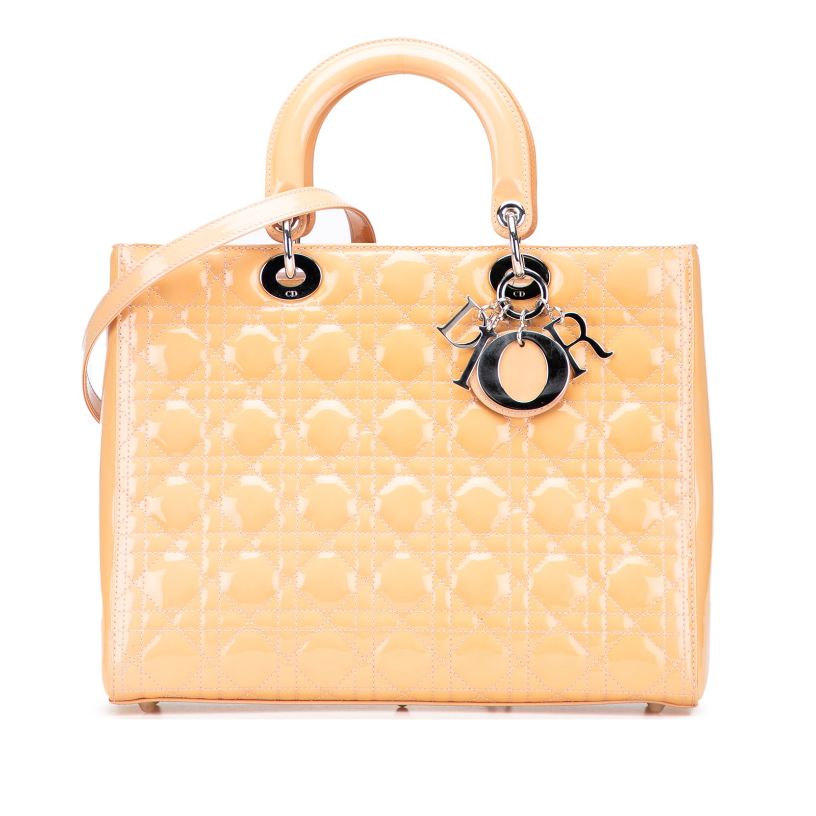 Dior Large Patent Cannage Lady Dior Handbag in Brown Leather: Dior Large Patent Cannage Lady Dior Handbag in Brown Leather Introducing the Large Patent Cannage Lady Dior, a sophisticated handbag crafted from premium patent leather. This stylish bag features flat