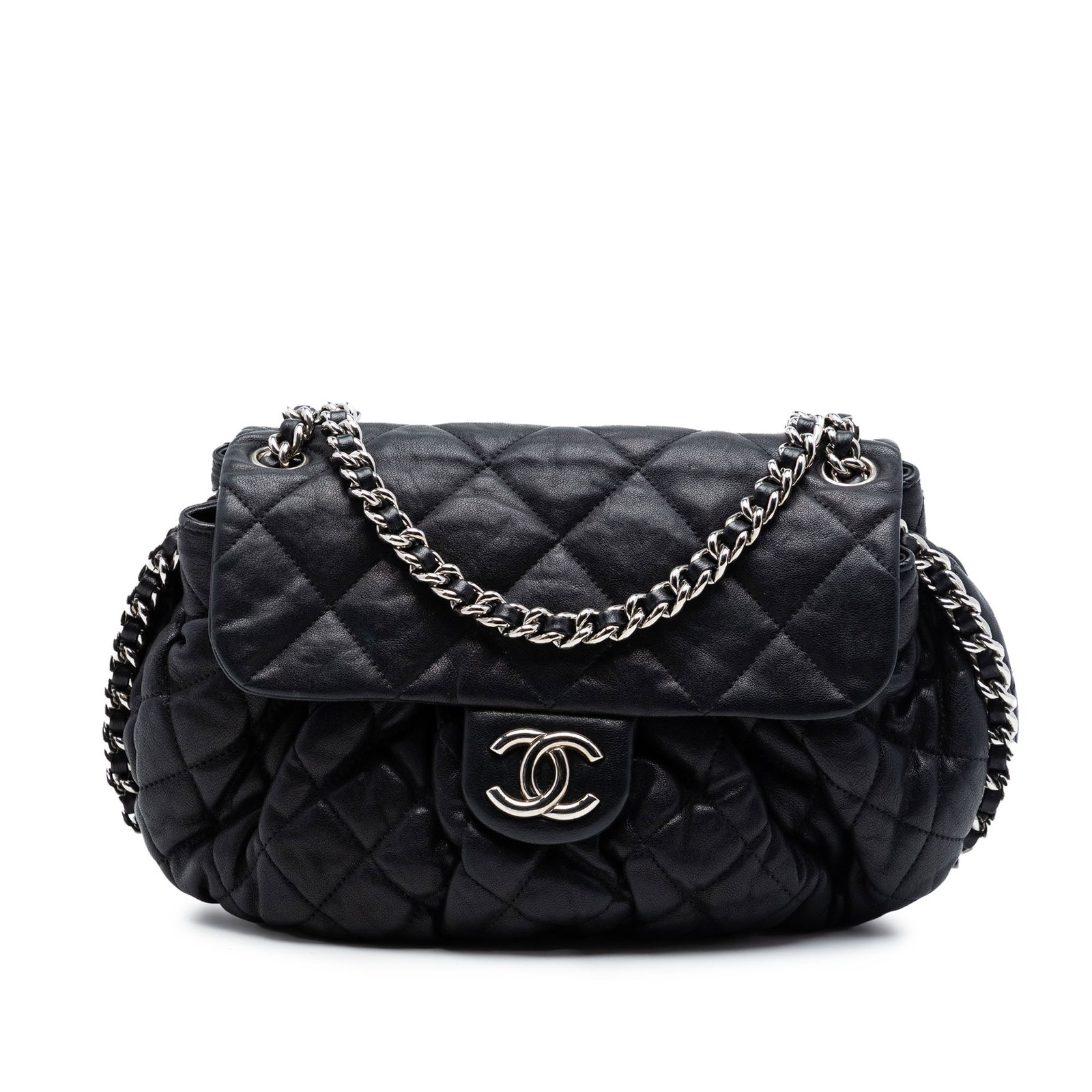 Chanel Chain Around Flap Crossbody Bag Black Quilted Lambskin: Chanel Chain Around Flap Crossbody Bag Black Quilted Lambskin Chanel CC Quilted Lambskin Chain Around Flap crossbody bag in black leather. This bag features a quilted leather body, a leather-woven cha