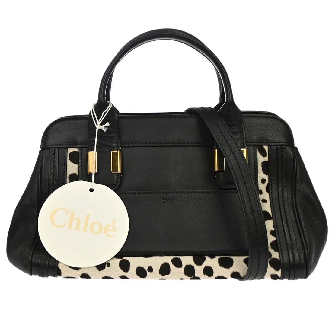 Chloe Edith Large Black Leather Pony Hair 2way Handbag: Chloe Edith Large Black Leather Pony Hair 2way Handbag Chloe 2way handbag in black pony hair and leather, made in Italy. It features a zip closure, double handles, a shoulder strap, and one exterior p