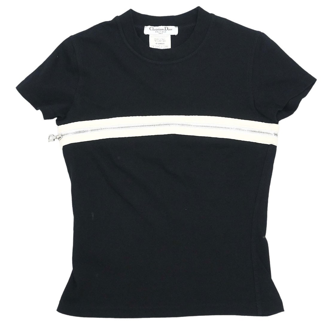 Dior 1E12055210 Womens Black Cotton T Shirt FR 36: Dior 1E12055210 Womens Black Cotton T Shirt FR 36 Christian Dior short sleeve T-shirt in black cotton with a round neckline and zipper logo accent. Designed in a regular fit for women, this casual top
