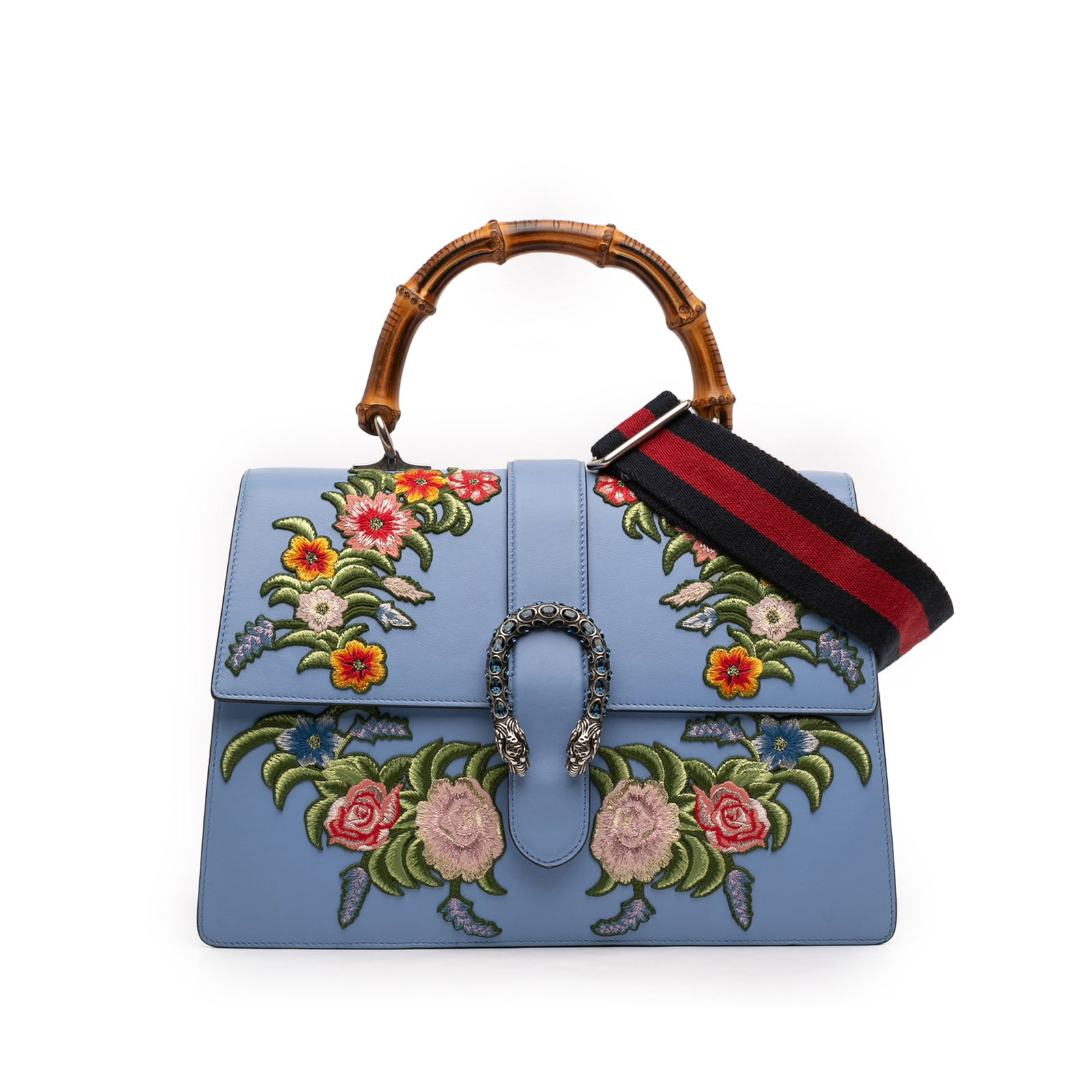 Gucci Dionysus Large Blue Leather Satchel with Bamboo Handle: Gucci Dionysus Large Blue Leather Satchel with Bamboo Handle This Gucci Dionysus satchel is crafted in embroidered leather with a bamboo top handle and a detachable flat web strap. It features a front