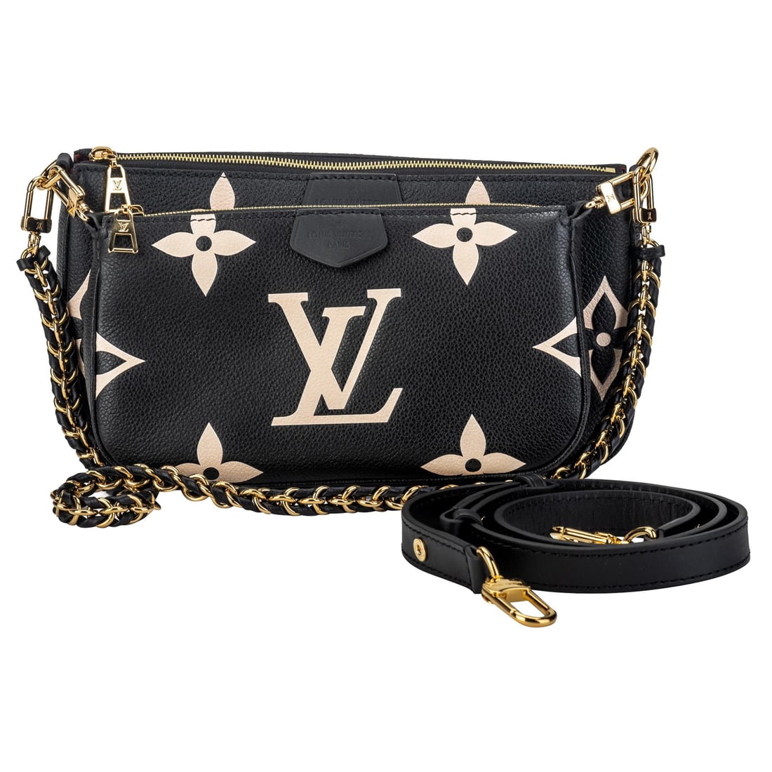 Louis Vuitton Black Leather Multi Pochette Bag with Gold Tone Hardware: Louis Vuitton Black Leather Multi Pochette Bag with Gold Tone Hardware Introducing the stunning Louis Vuitton Black Leather Multi Pochette Bag, a perfect blend of style and functionality. This exquisi