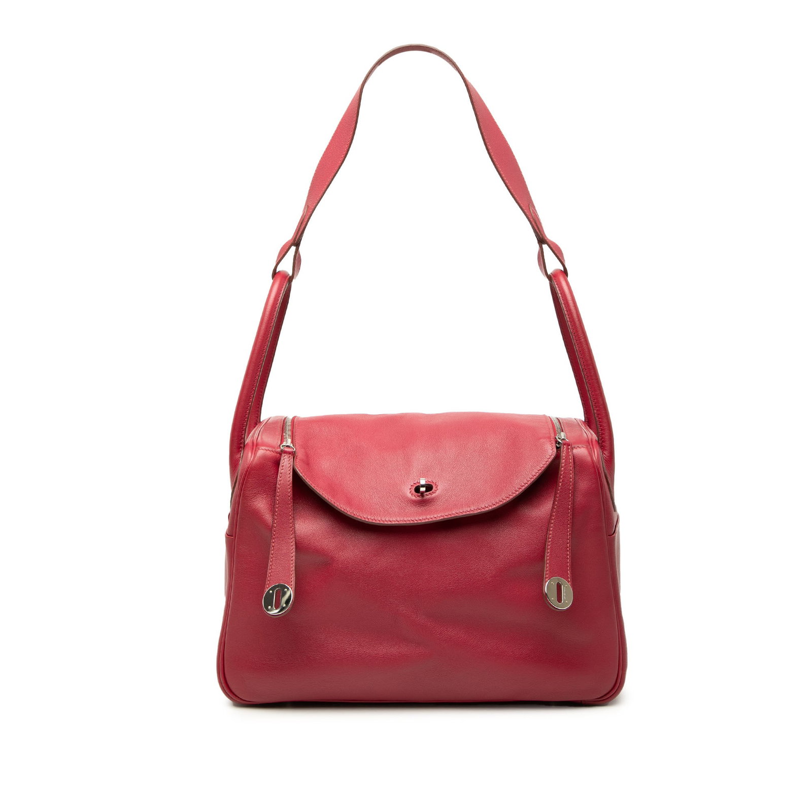 Hermes Lindy 34 Swift Leather Handbag Red: Hermes Lindy 34 Swift Leather Handbag Red Hermes Swift Lindy 34 bag in red leather, made in France. It features rolled leather handles, a flat leather strap, double top zip closures with a top flap an