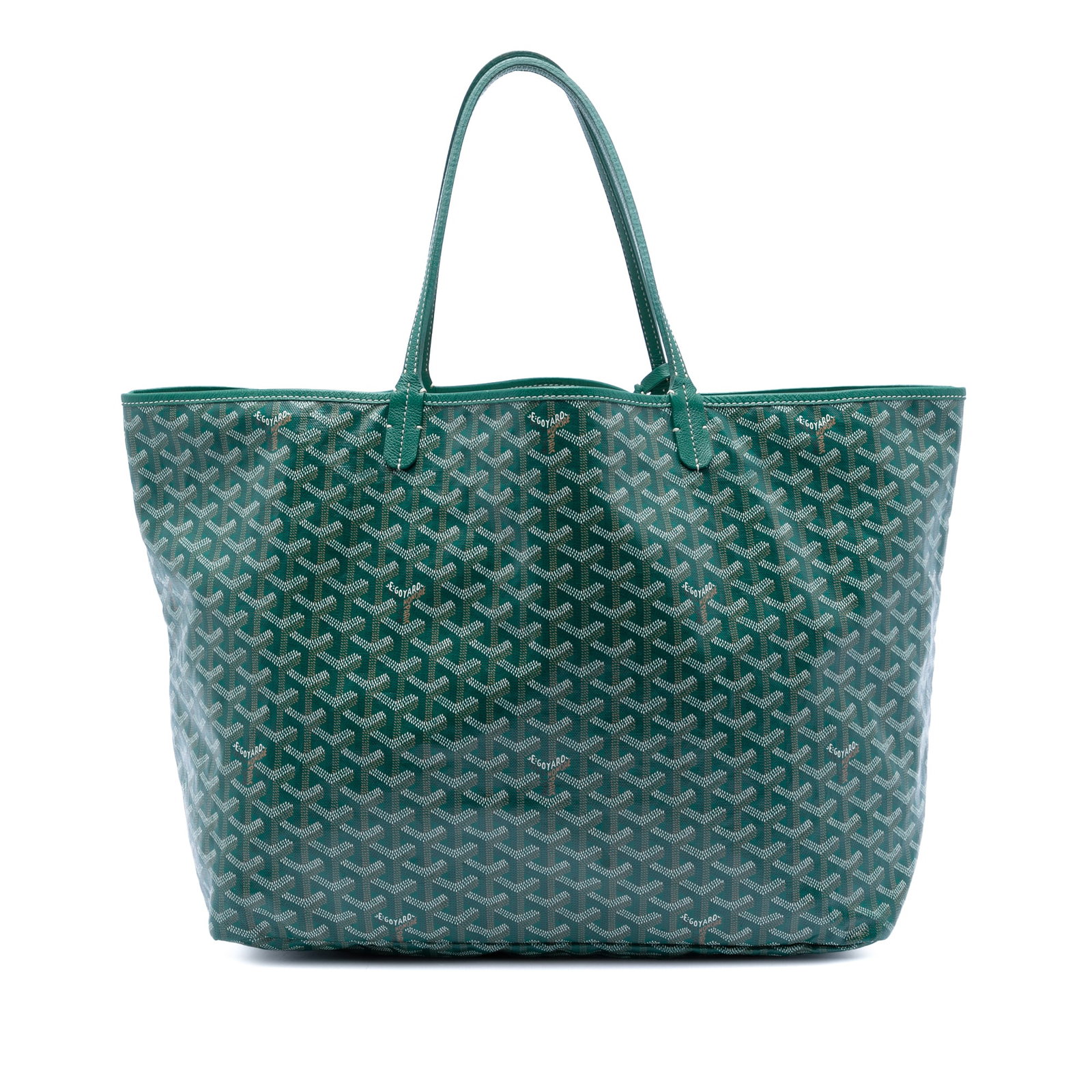 Goyard Saint Louis GM Green Tote with Detachable Pouch: Goyard Saint Louis GM Green Tote with Detachable Pouch The Goyardine Saint Louis GM is a spacious tote bag featuring a coated canvas body with leather trim and flat leather handles. It has an open top