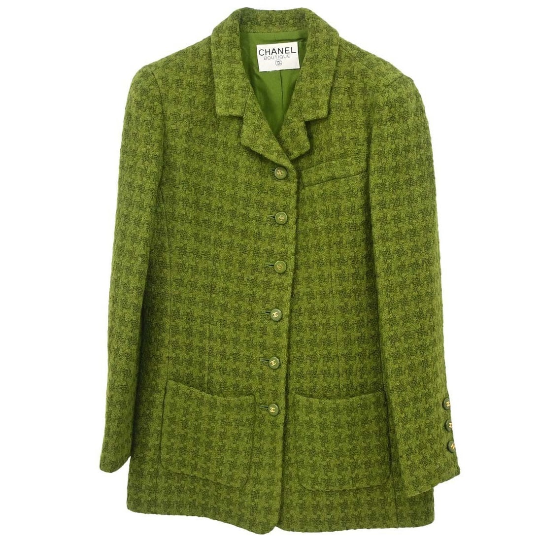 CHANEL Green Tweed Houndstooth Long Jacket Women: CHANEL Green Tweed Houndstooth Long Jacket Women This Chanel long sleeve jacket coat is crafted in green tweed houndstooth with a collared design and regular fit. It features a long length, logo accen