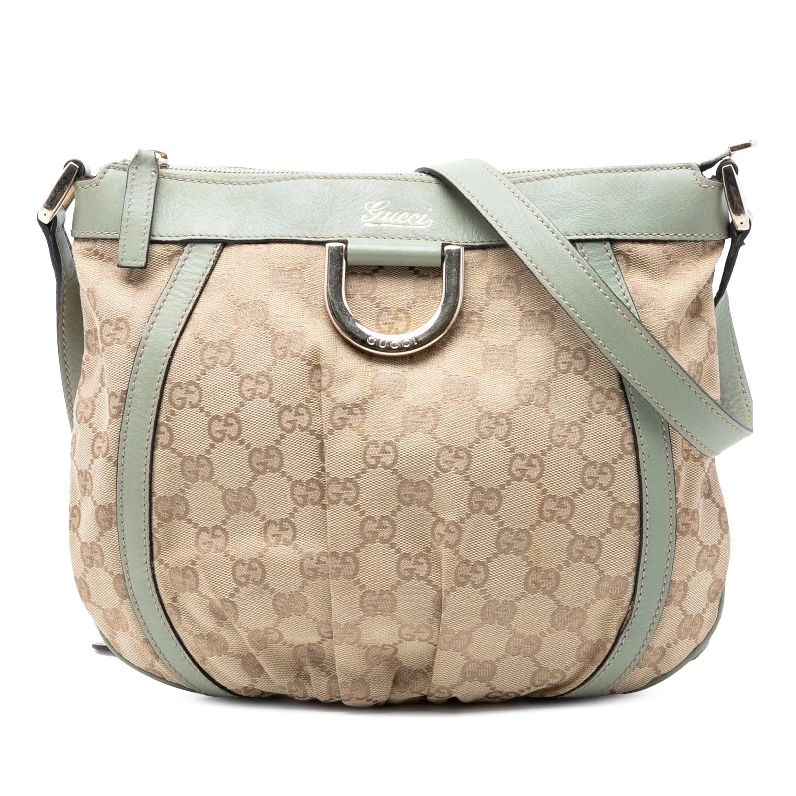 Gucci Abbey D Ring Canvas Crossbody Bag: Gucci Abbey D Ring Canvas Crossbody Bag This Gucci GG Canvas Abbey D Ring Crossbody bag features a beige canvas body with leather trim, an adjustable flat leather strap, a top zip closure, and interio