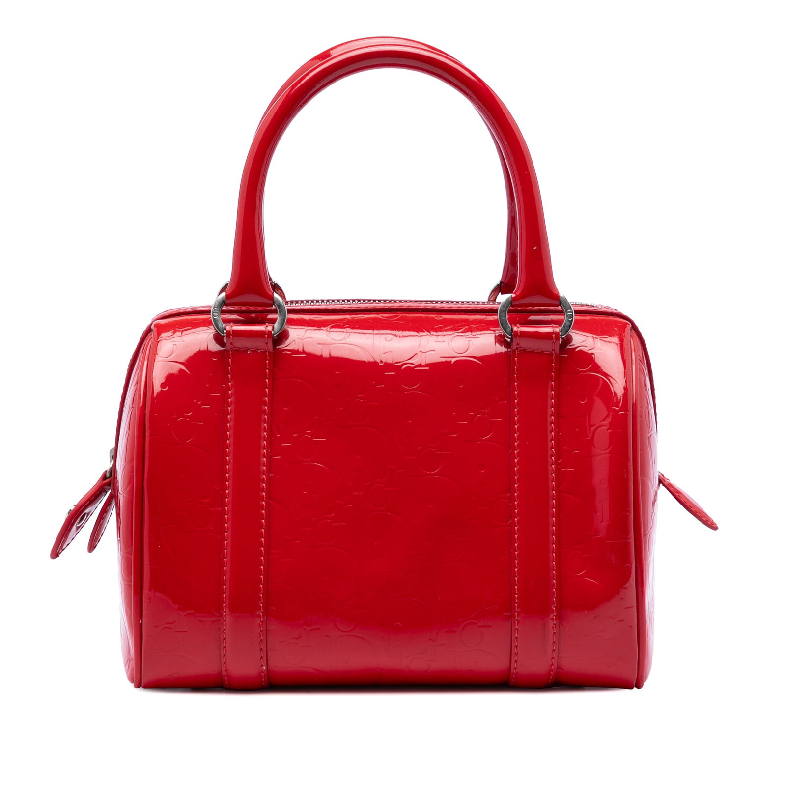 Dior Oblique red patent leather Boston handbag: Dior Oblique red patent leather Boston handbag Dior Oblique Patent Boston Bag in red patent leather with rolled handles, a top zip closure, and an interior zip pocket. Made in Italy. Condition is B+ w