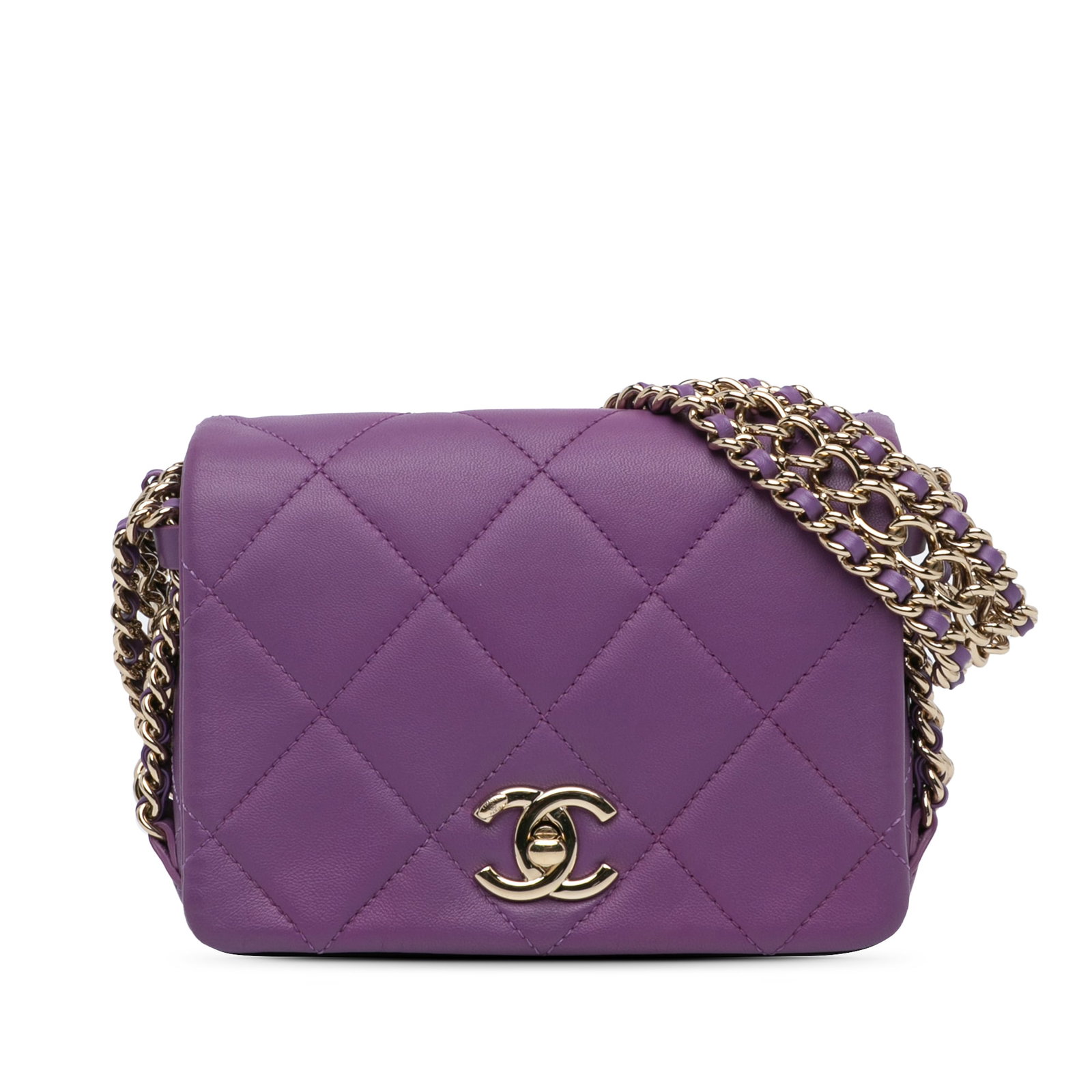 Chanel Purple Mini Lambskin Triple Chain Flap Bag: Chanel Purple Mini Lambskin Triple Chain Flap Bag This Chanel Mini Lambskin Triple Chain Full Flap shoulder bag is a stylish and sophisticated accessory crafted from luxurious quilted lambskin leather