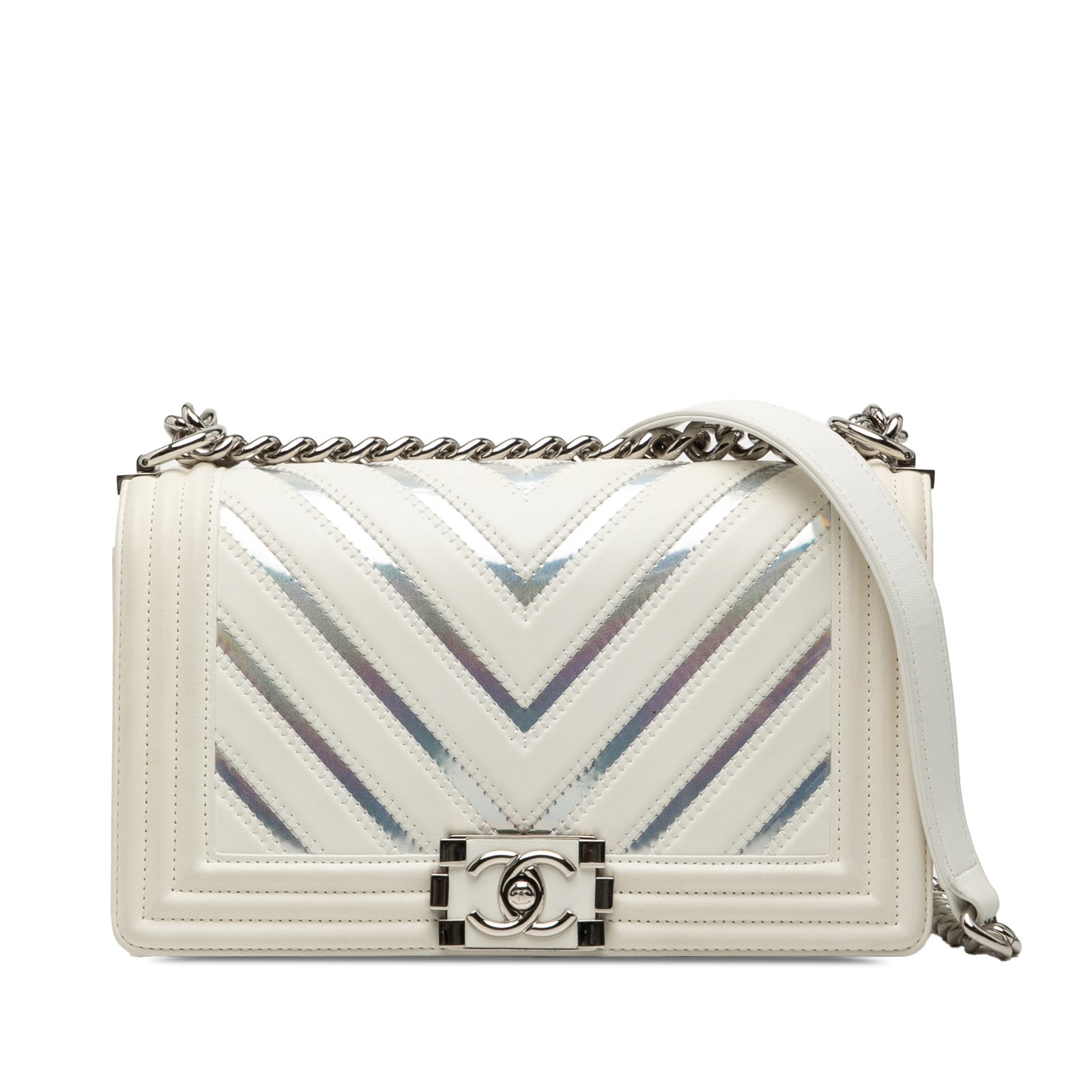 Chanel Boy Flap Old Medium Chevron Lambskin Holographic PVC Shoulder Bag: Chanel Boy Flap Old Medium Chevron Lambskin Holographic PVC Shoulder Bag This Chanel Old Medium Chevron Boy Flap bag features a quilted lambskin leather body with holographic iridescent PVC details.
