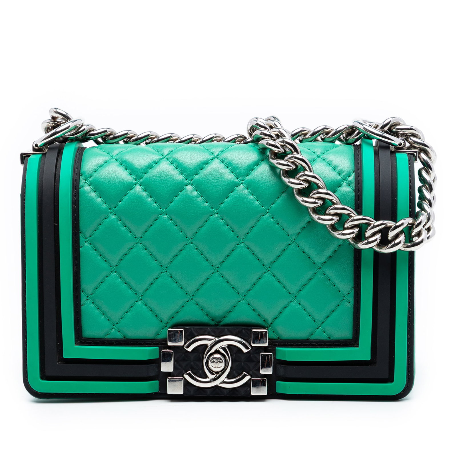 Chanel Boy Small Green Quilted Lambskin Flap Bag with Rubber Accents: Chanel Boy Small Green Quilted Lambskin Flap Bag with Rubber Accents This Chanel Small Bicolor Boy Flap bag showcases a quilted lambskin leather body with distinctive rubber details. It features a cur