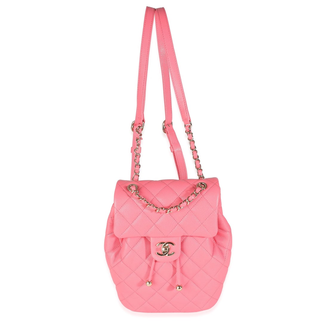 Chanel Pink Caviar Drawstring Backpack: Chanel Pink Caviar Drawstring Backpack This Chanel Pink Quilted Caviar Drawstring Backpack Handbag features a stylish quilted leather exterior in a vibrant pink shade. The bag is equipped with a draws