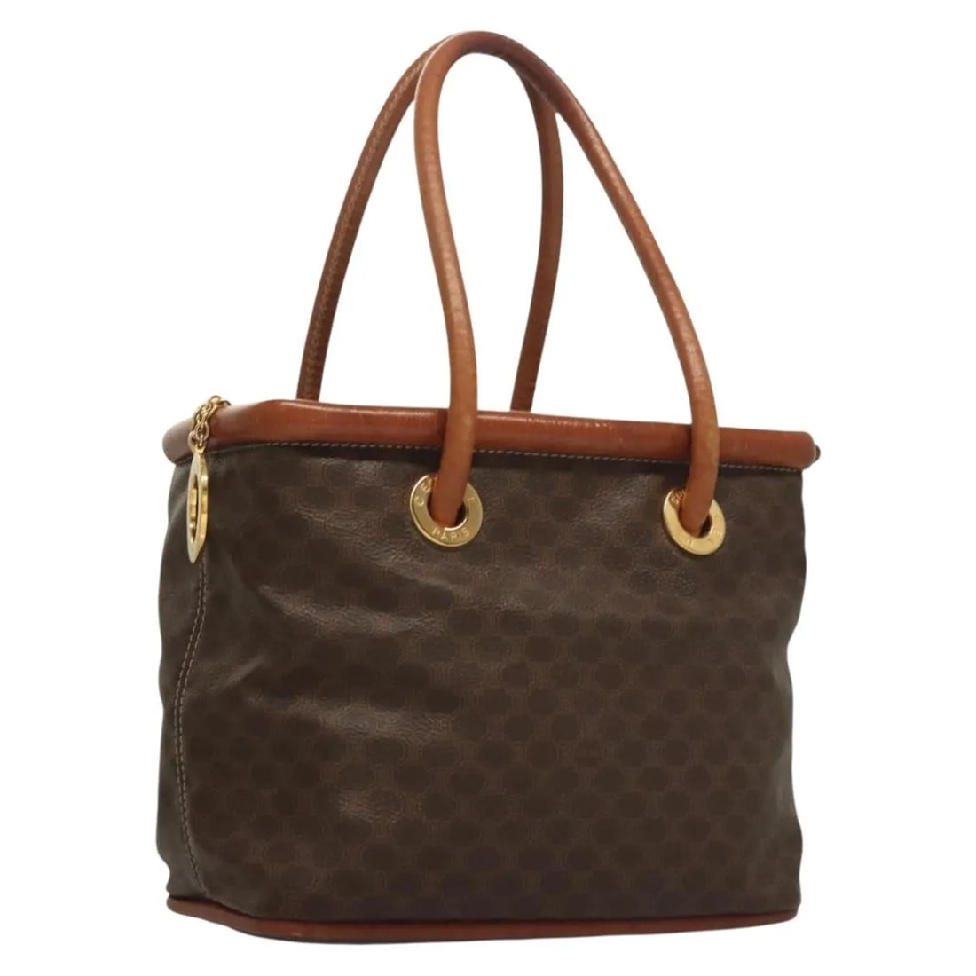 Celine Macadam Brown Canvas Handbag with Leather Trim: Celine Macadam Brown Canvas Handbag with Leather Trim This Celine Macadam handbag for women features a brown canvas body with leather accents. Its compact dimensions make it suitable for everyday use.