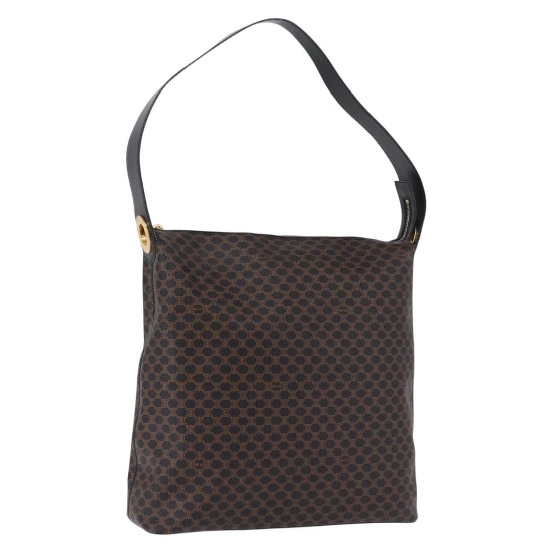 CELINE Macadam Circle Shoulder Bag Black PVC Leather Gold Tone: CELINE Macadam Circle Shoulder Bag Black PVC Leather Gold Tone A CELINE Macadam Canvas Circle Shoulder Bag in black and gold, made in Italy. The bag is crafted from PVC leather and Macadam canvas, wit