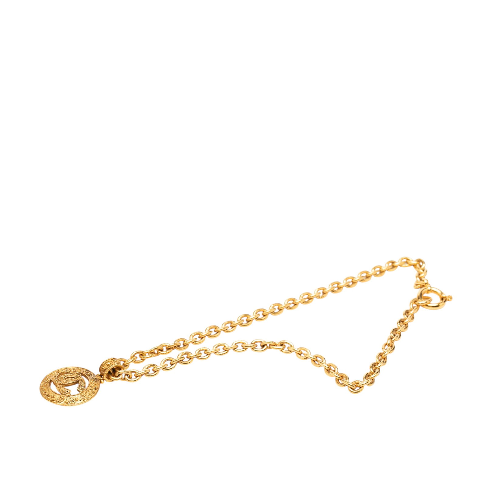 Chanel CC Round Pendant Necklace Gold Plated Metal: Chanel CC Round Pendant Necklace Gold Plated Metal Gold-tone costume necklace featuring a CC pendant and a spring ring closure. It is made of metal and originates from France. Condition is AB, with no