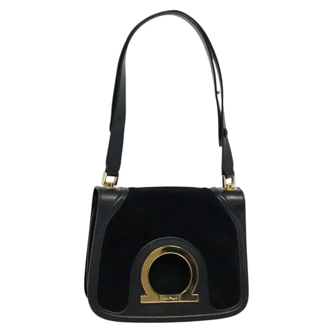 Black suede handbag Salvatore Ferragamo Gancini Italy: Black suede handbag Salvatore Ferragamo Gancini Italy Salvatore Ferragamo Gancini suede bag in black. This vintage piece is in good condition with honest wear consistent with age and use. Noted wear i