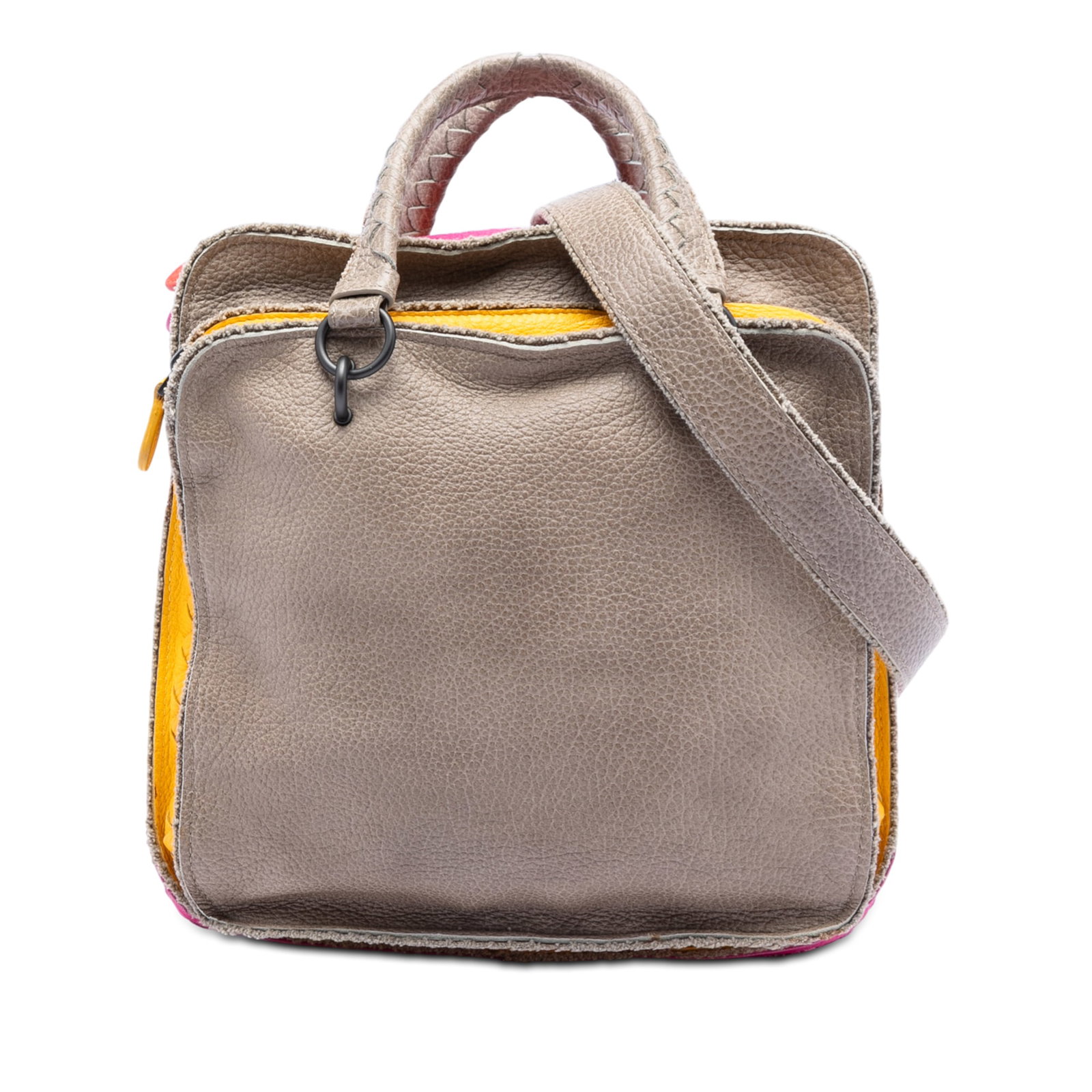 Bottega Veneta Leather Satchel with Double Zipper and Multicolor Design: Bottega Veneta Leather Satchel with Double Zipper and Multicolor Design This Bottega Veneta satchel is crafted from multicolor pebbled leather and features flat handles, a detachable flat leather stra