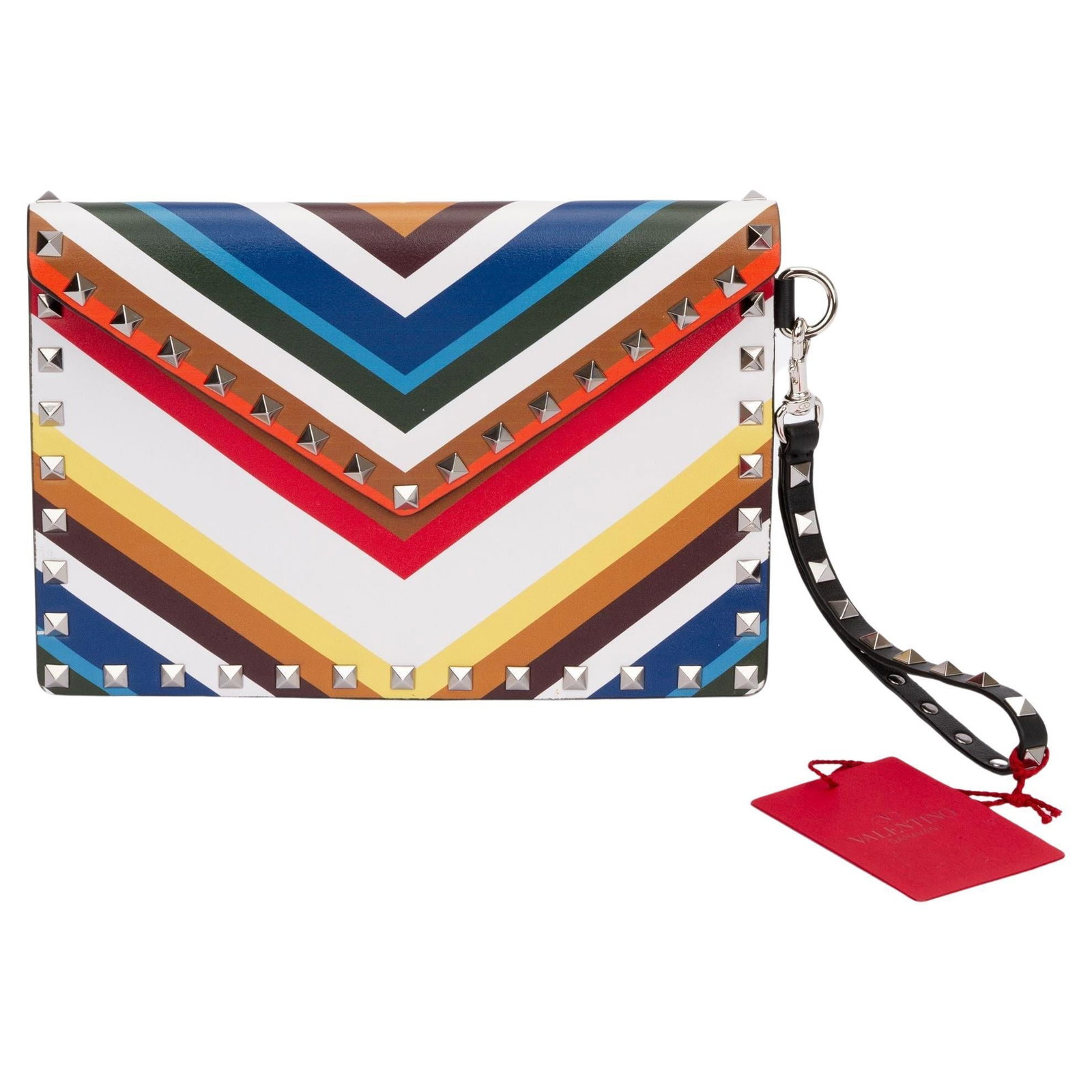 Valentino Rock Stud Multicolor Leather Wristlet Clutch Italy NIB: Valentino Rock Stud Multicolor Leather Wristlet Clutch Italy NIB Introducing the Valentino Rock Stud Wristlet Clutch, a stylish accessory that combines luxury with practicality. This designer clutch f