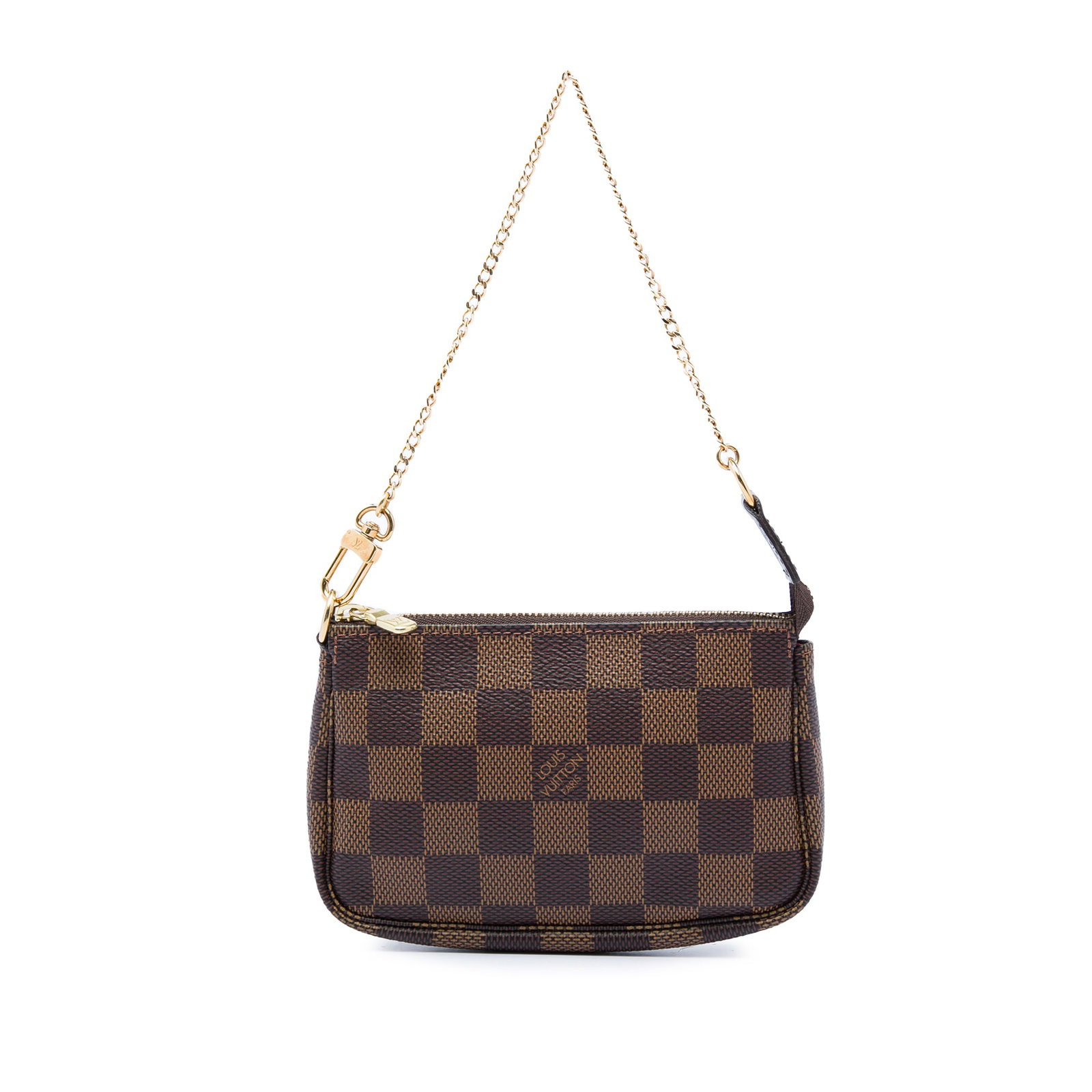Louis Vuitton Mini Pochette Accessoires Damier Ebene Bag: Louis Vuitton Mini Pochette Accessoires Damier Ebene Bag Louis Vuitton Damier Ebene Mini Pochette Accessoires bag in brown damier canvas with a gold-tone chain strap and top zip closure. Made in Franc