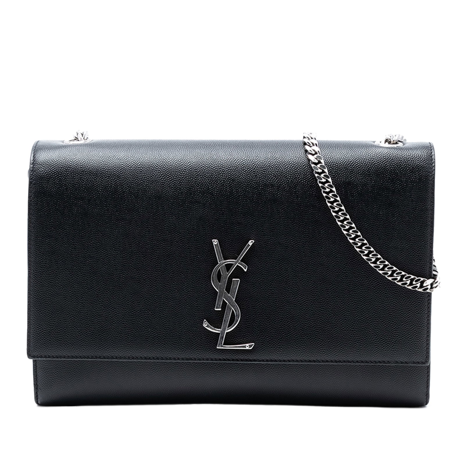 Medium Kate Black Leather Monogram Crossbody Bag by Saint Laurent: Medium Kate Black Leather Monogram Crossbody Bag by Saint Laurent This Saint Laurent Medium Grain De Poudre Leather Monogram Kate Crossbody is crafted from black leather and features a chain link shou