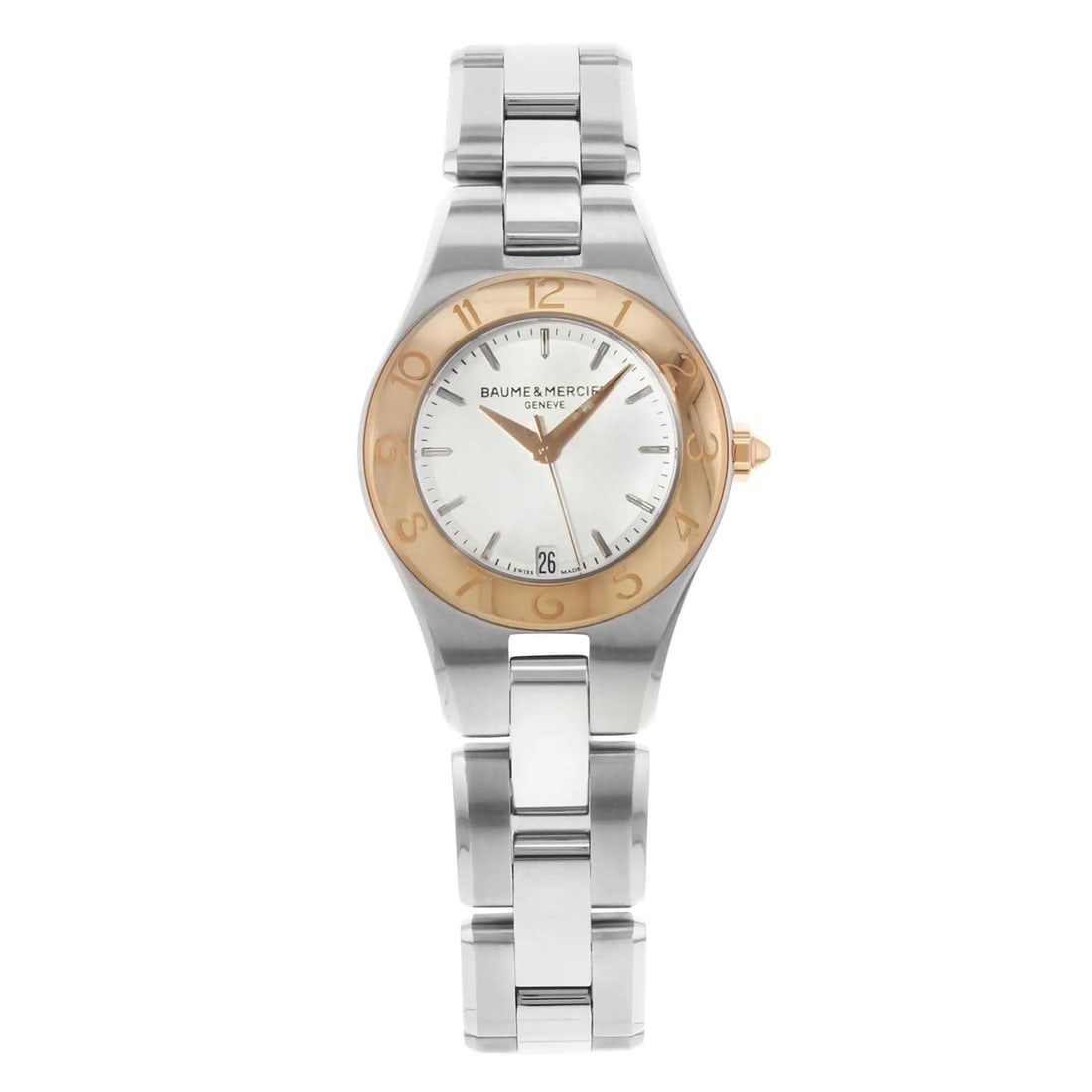 Baume et Mercier Linea 27mm Quartz Ladies Watch Silver Dial Pink Bezel: Baume et Mercier Linea 27mm Quartz Ladies Watch Silver Dial Pink Bezel Introducing the Baume et Mercier Linea, a stunning 27mm ladies wristwatch that combines elegance with functionality. This timepie