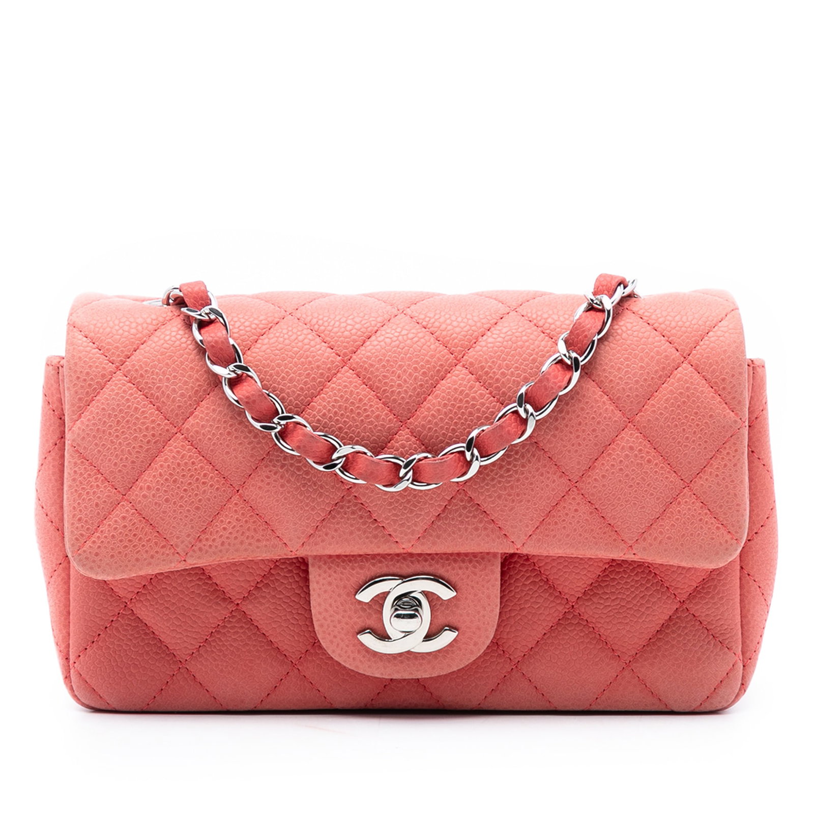 Pink Chanel Mini Classic Caviar Leather Quilted Flap Shoulder Bag: Pink Chanel Mini Classic Caviar Leather Quilted Flap Shoulder Bag This Chanel Mini Rectangular Classic Caviar Single Flap bag features a quilted caviar leather exterior in pink with a leather-woven ch