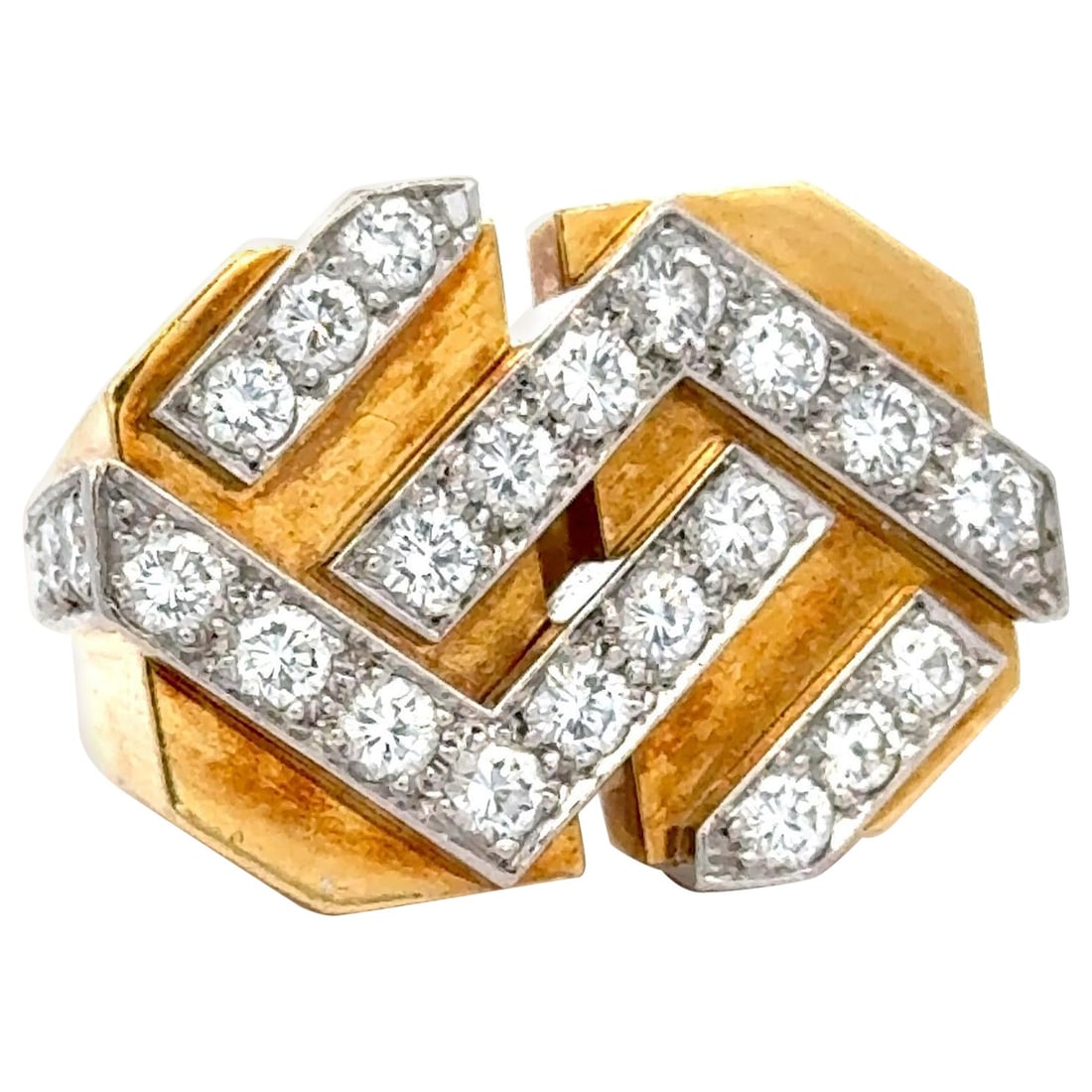 1970s 18k Yellow Gold Ring with 1.25 Carat Round Diamonds Zig-Zag Motif: 1970s 18k Yellow Gold Ring with 1.25 Carat Round Diamonds Zig-Zag Motif This stunning vintage ring showcases a bold zig-zag diamond motif, featuring 26 round brilliant diamonds that total 1.25 carats.