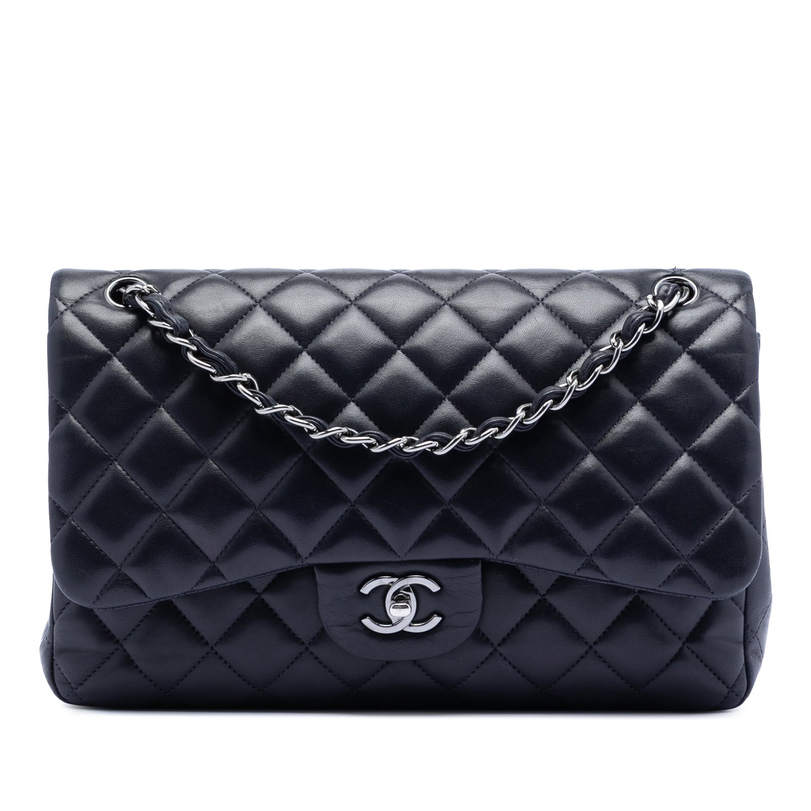 Black Chanel Jumbo Classic Double Flap Quilted Lambskin Shoulder Bag: Black Chanel Jumbo Classic Double Flap Quilted Lambskin Shoulder Bag This Chanel Jumbo Classic Lambskin Double Flap shoulder bag features a quilted lambskin leather body and leather-woven chain straps