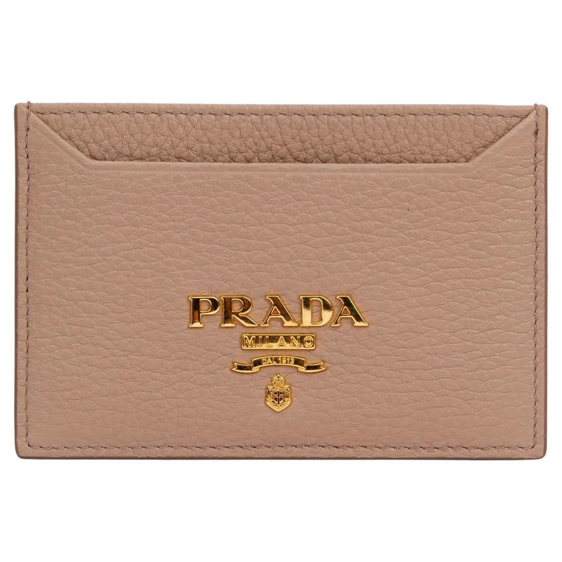 Prada Beige Calf Leather Card Holder with Gold Finish: Prada Beige Calf Leather Card Holder with Gold Finish This exquisite Prada card holder is crafted from luxurious beige calf leather, showcasing a slim and stylish design perfect for modern use. It fea
