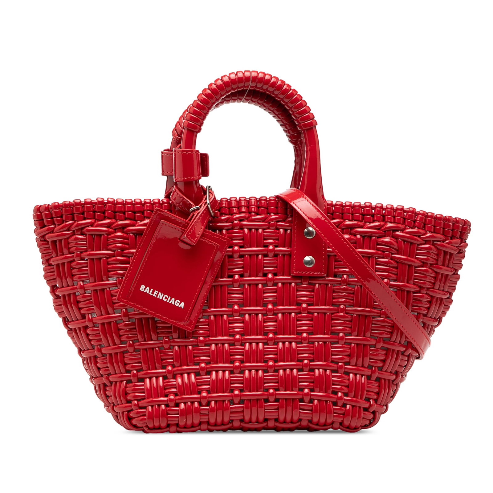 Balenciaga Bistro Panier XS Red Woven Satchel: Balenciaga Bistro Panier XS Red Woven Satchel This Balenciaga Faux Leather Bistro Panier XS satchel showcases a woven polyurethane body in red, complemented by rolled handles and a detachable flat lea
