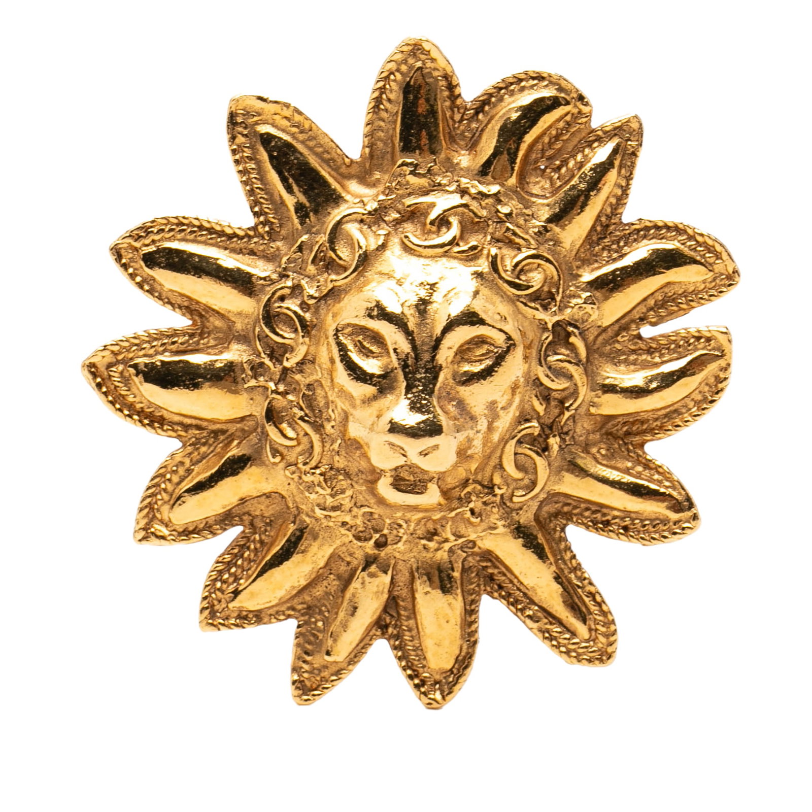 Chanel Lion Head Sun Brooch Gold Plated Metal: Chanel Lion Head Sun Brooch Gold Plated Metal Chanel gold-plated lion head sun brooch with a sculptural costume jewelry design and back pin closure. Includes the box. Condition is B+ with staining on 