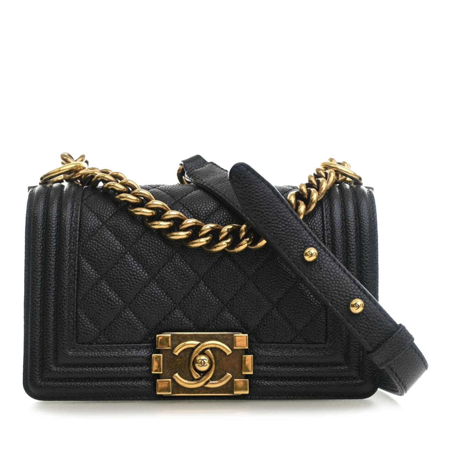 Chanel Boy Flap black caviar leather crossbody bag: Chanel Boy Flap black caviar leather crossbody bag This Chanel Small Quilted Caviar Boy Flap crossbody bag features a black quilted caviar leather body, a chain link strap with a leather guard, a fron