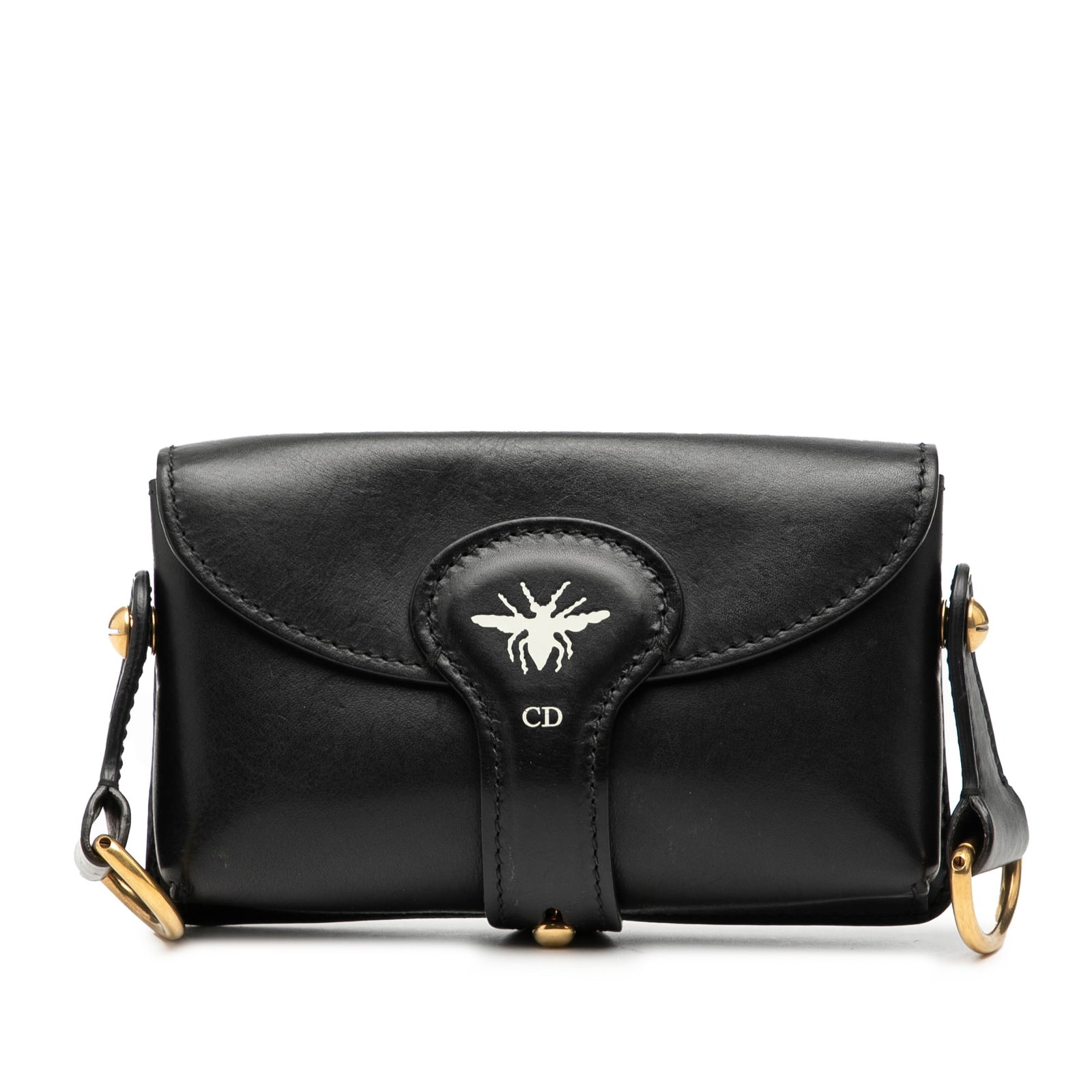 Black Leather Dior Mini D Bee Saddle Crossbody Bag with Adjustable Strap: Black Leather Dior Mini D Bee Saddle Crossbody Bag with Adjustable Strap This Dior Mini Leather D Bee Saddle Bag features a black leather body with a front flap and peg-in-hole closure. It includes a 