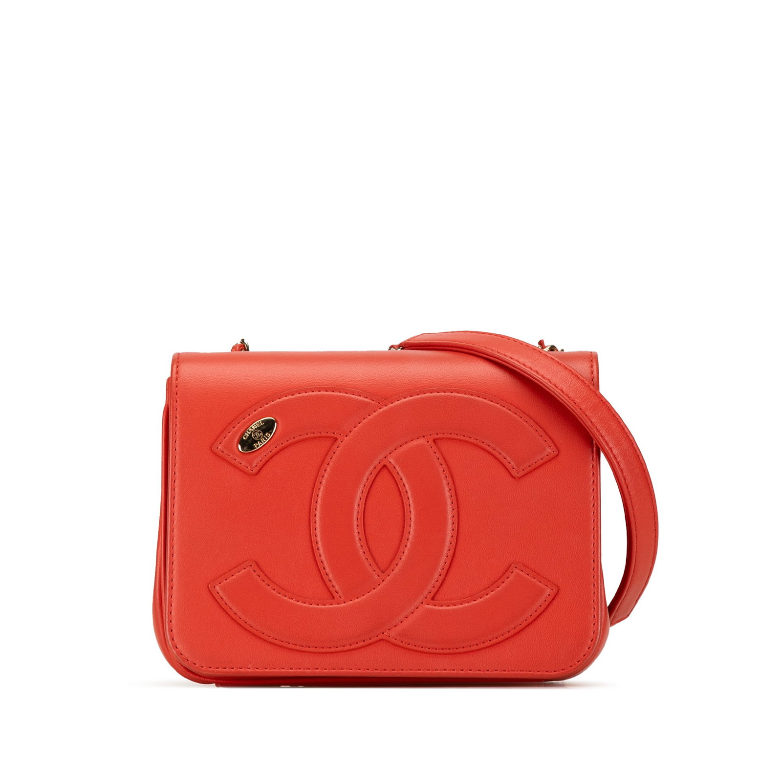 Chanel Red Lambskin CC Mania Flap Bag with Leather Strap: Chanel Red Lambskin CC Mania Flap Bag with Leather Strap Elevate your style with the Chanel Lambskin CC Mania Flap bag, a stunning accessory crafted from luxurious lambskin leather. This eye-catching 