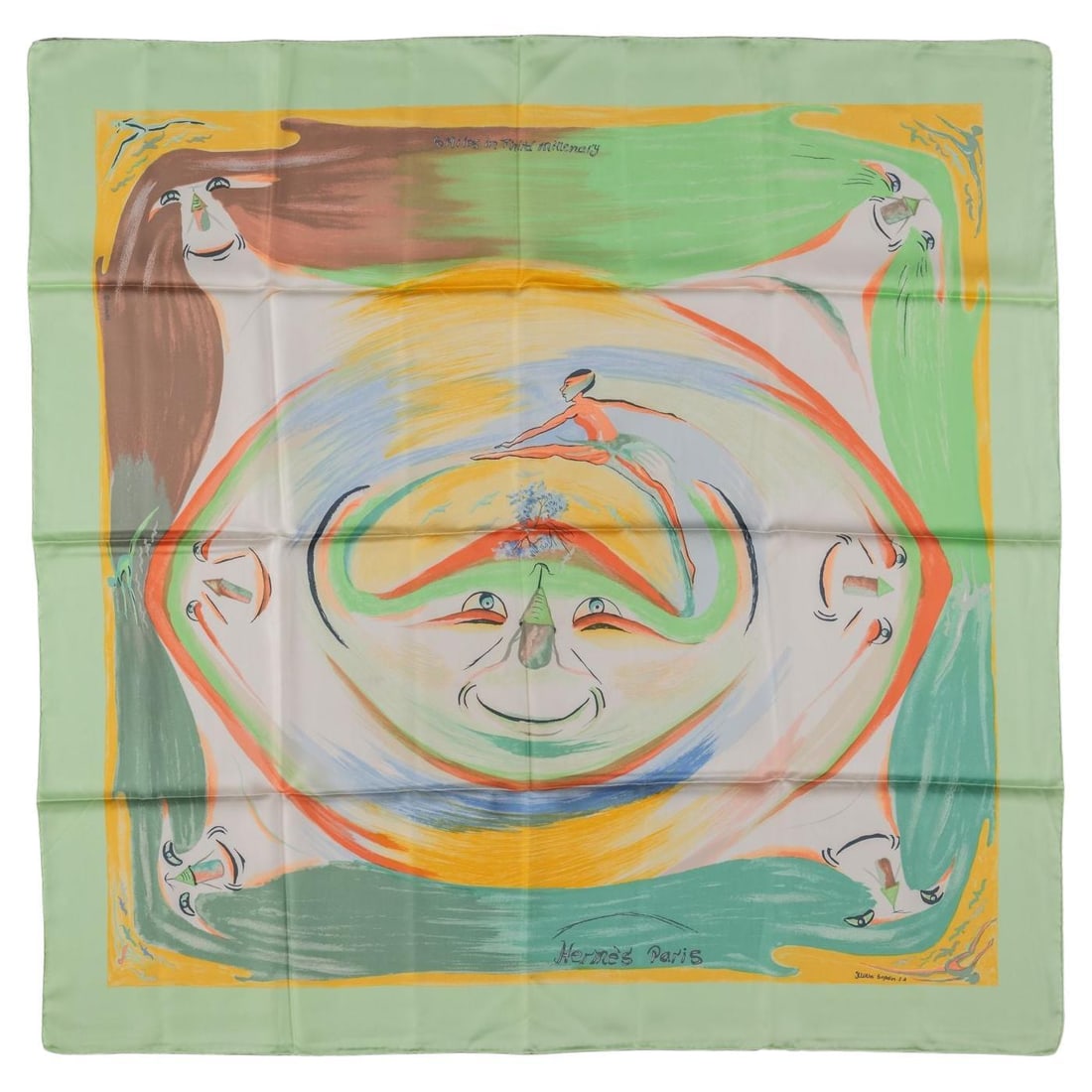 Hermes Smiles in the Third Millenary Silk Scarf 35in: Hermes Smiles in the Third Millenary Silk Scarf 35in Experience joy with the Hermes "Smiles in the Third Millenary" scarf! Crafted from 100% silk, this vibrant piece showcases an array of grinning fac